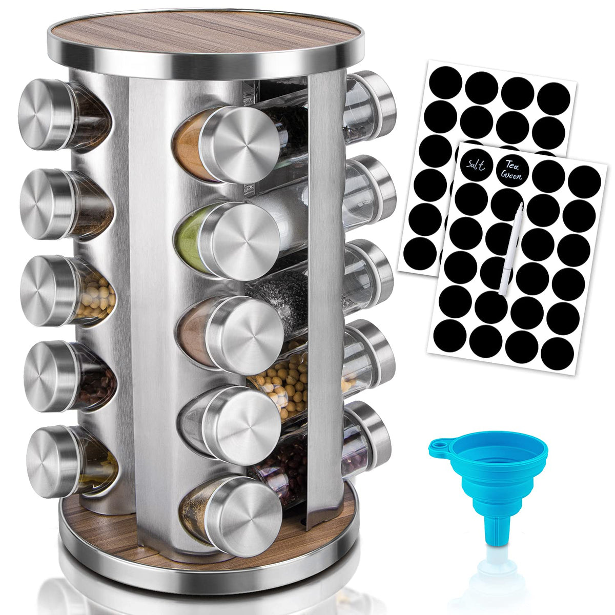dasaka Rotating Spice Rack Organizer with Jars(20Pcs), Seasoning Organizer for Cabinet, Kitchen Spice Racks for Countertop, Revo