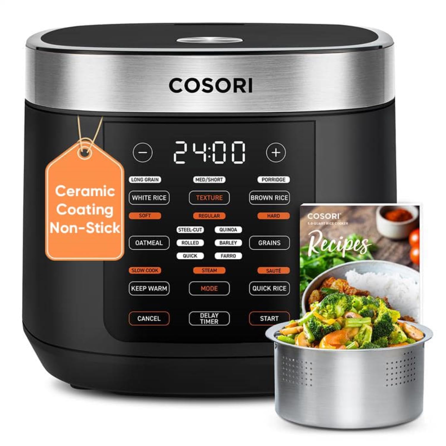 COSORI Rice Cooker 10 Cup, 24h Keep Warm, Non-stick Ceramic Inner Pot, 18 Functions Fuzzy Logic Rice Maker with Stainless Steel 