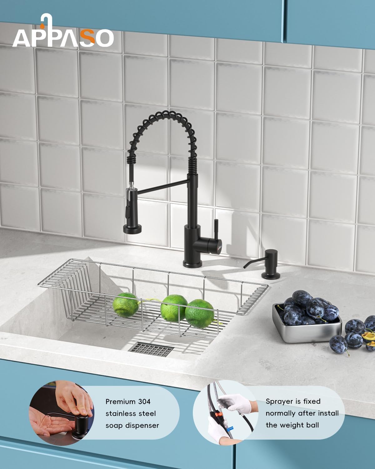 APPASO Black Kitchen Faucet with Soap Dispenser  Pull Down Stainless Steel Commercial Single-Handle Spring Faucet for Kitchen Sink with Deck Plate  Matte Black