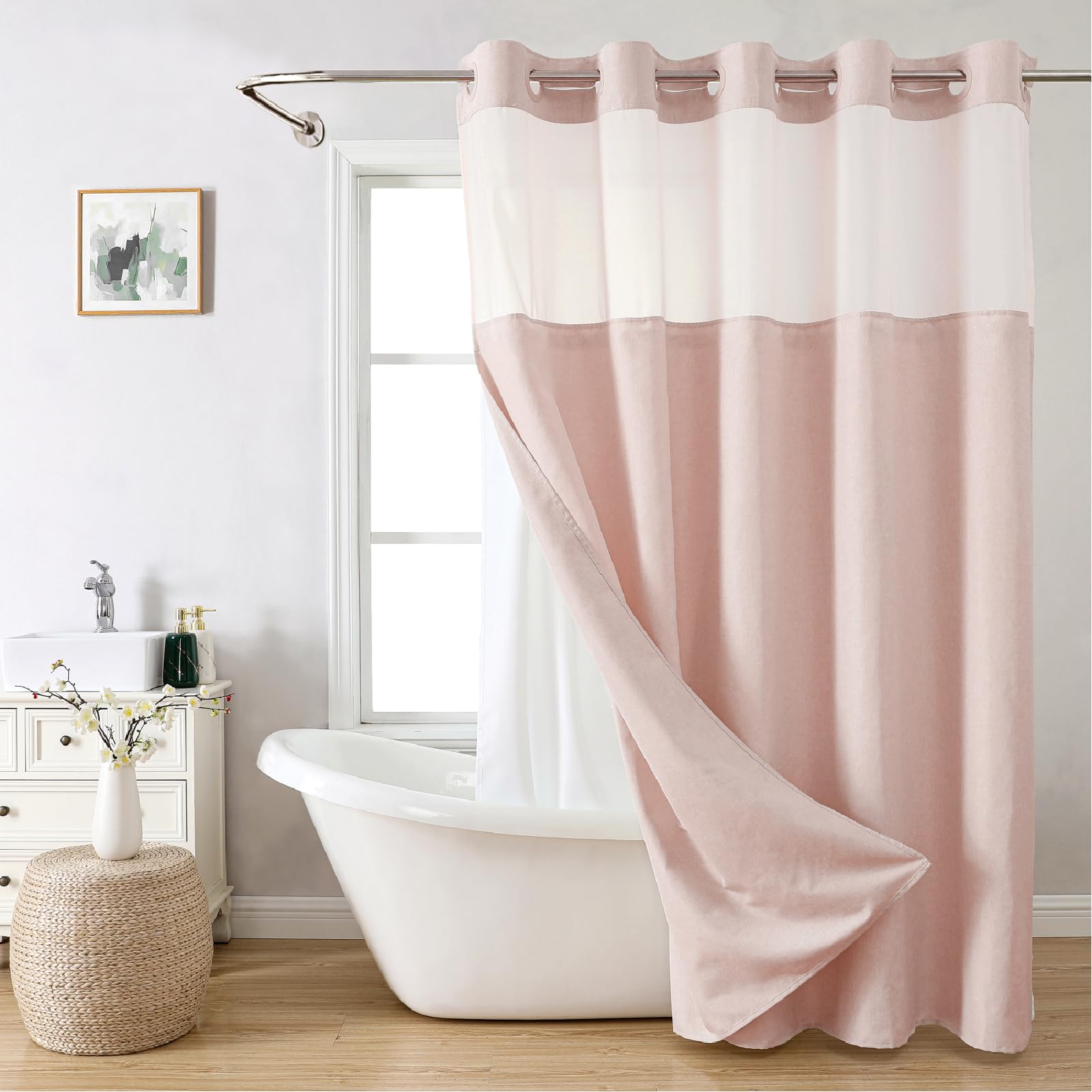 Eachope Extra Long No Hooks Needed Linen Textured Shower Curtain With Snap-In Fabric Liner Set,Blush Hotel Luxury Decor Shower C