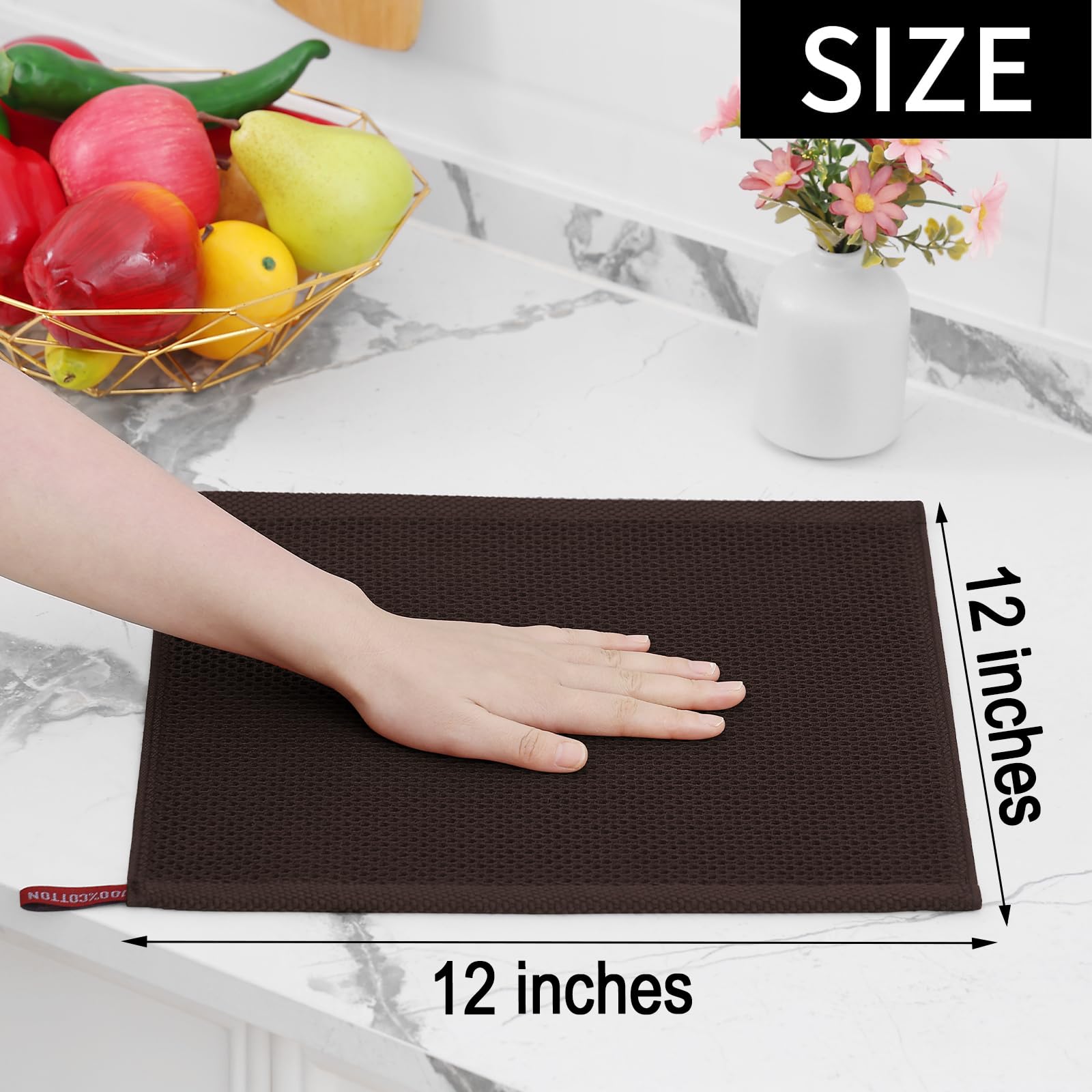Homaxy 100% Cotton Waffle Weave Kitchen Dish Cloths, Ultra Soft Absorbent Quick Drying Dish Towels, 12 x 12 Inches, 6-Pack, Dark