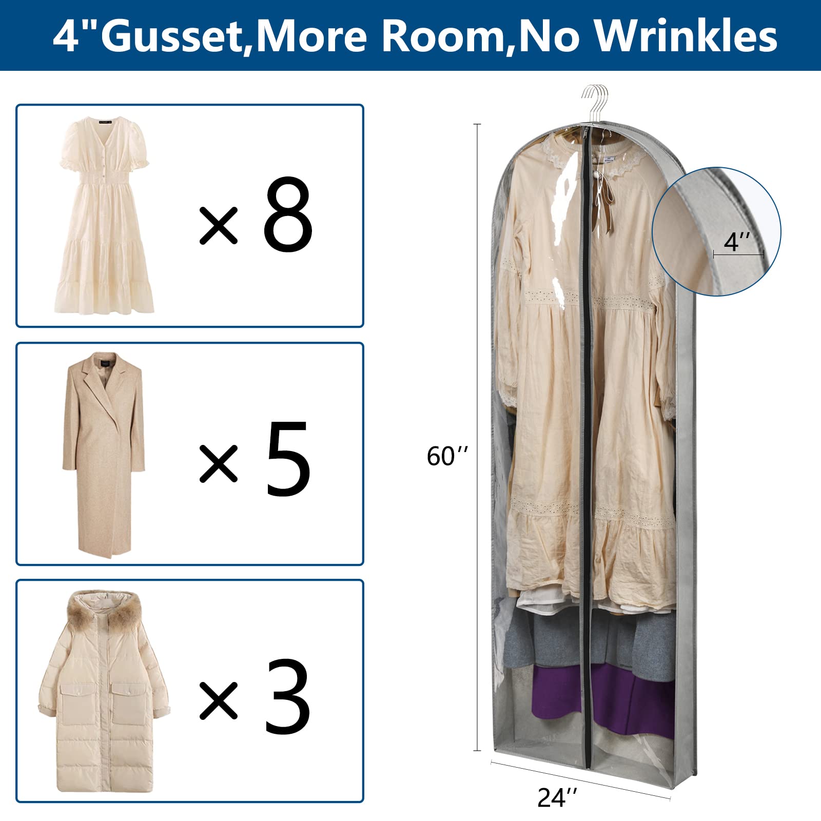 Belinlen 3 Pack 60'' Long Garment Bags For Hanging Clothes Storage, Clear Moth Proof Suits Covers With 4'' Gussets For Closet St