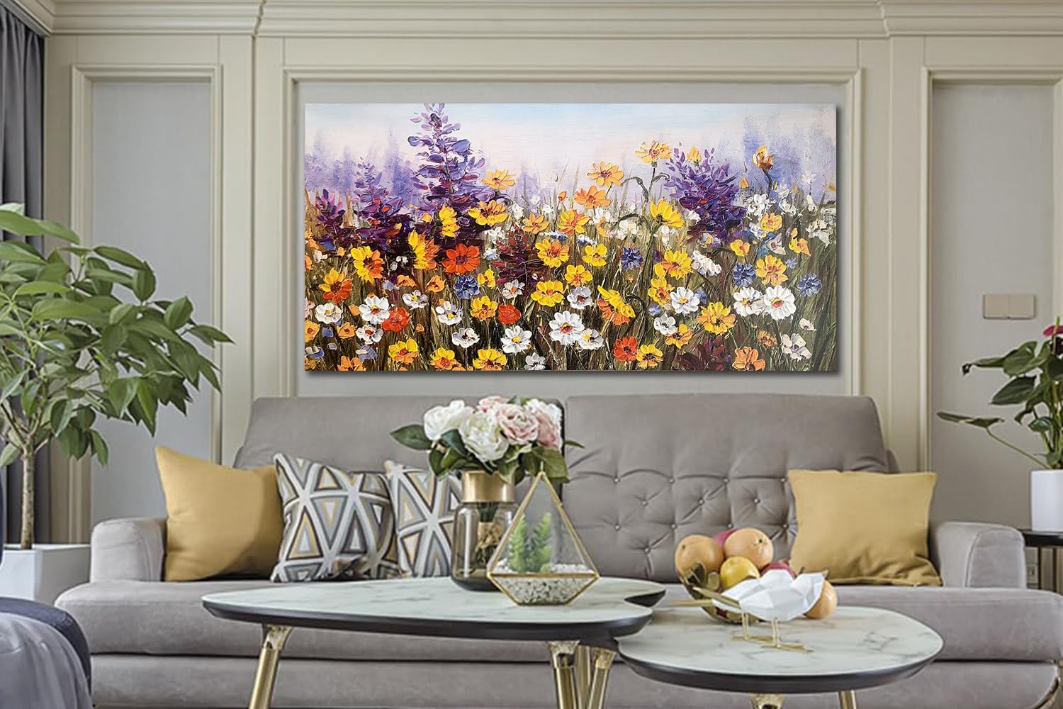 Ardemy Flowers Wall Art Canvas Daisy Colorful 3d Textured Picture Landscape Wildflowers Painting  Purple Yellow Floral Artwork Large Framed for Living Room Bedroom Bathroom Office Home Decor 48''x24''
