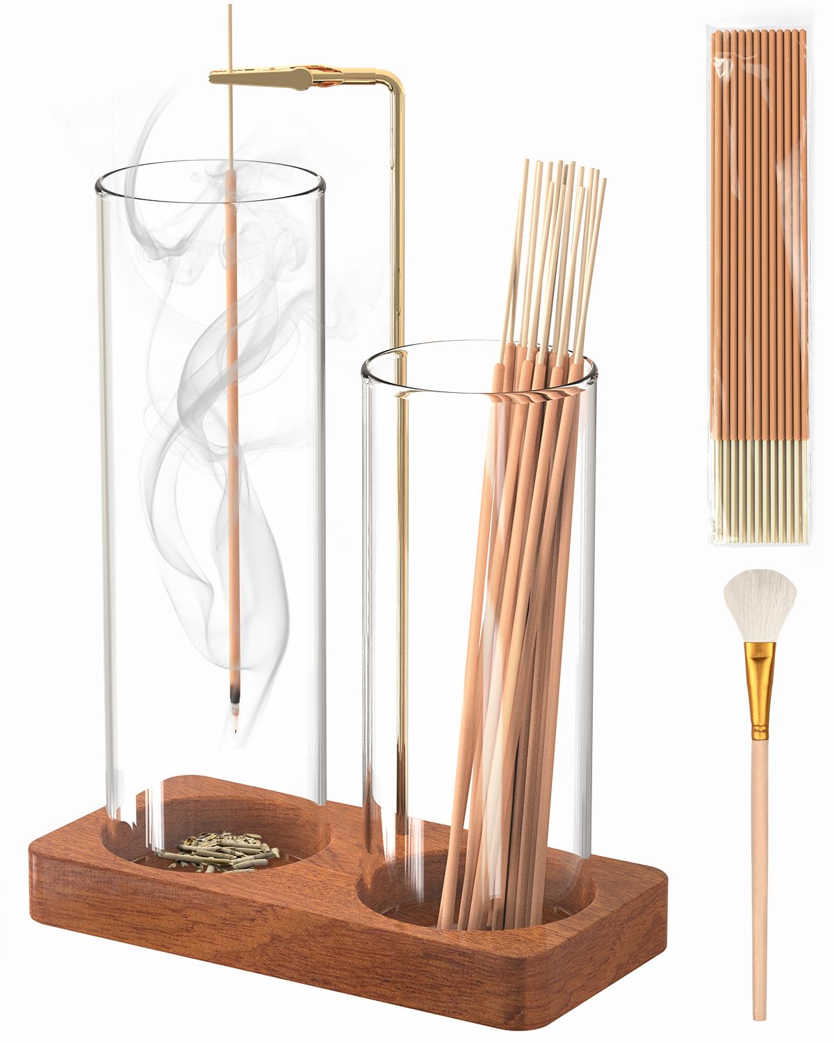 Incense Holder with 7.8 & 5.9 Glass Jars, 2 in 1 Incense Sticks Holder & Ash Catcher, Upside Down Incense Burner with Storage fo