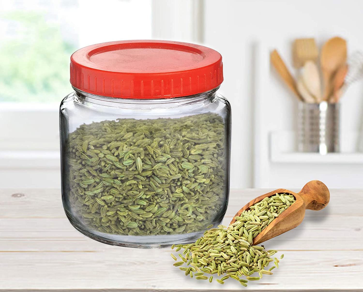 Feelopie Aahar Jar with Red Lid for Lentils, Food, Pickles, Spices, Sweets, Snacks, Rice, Kitchen Storage (500ml, Set Of 4)