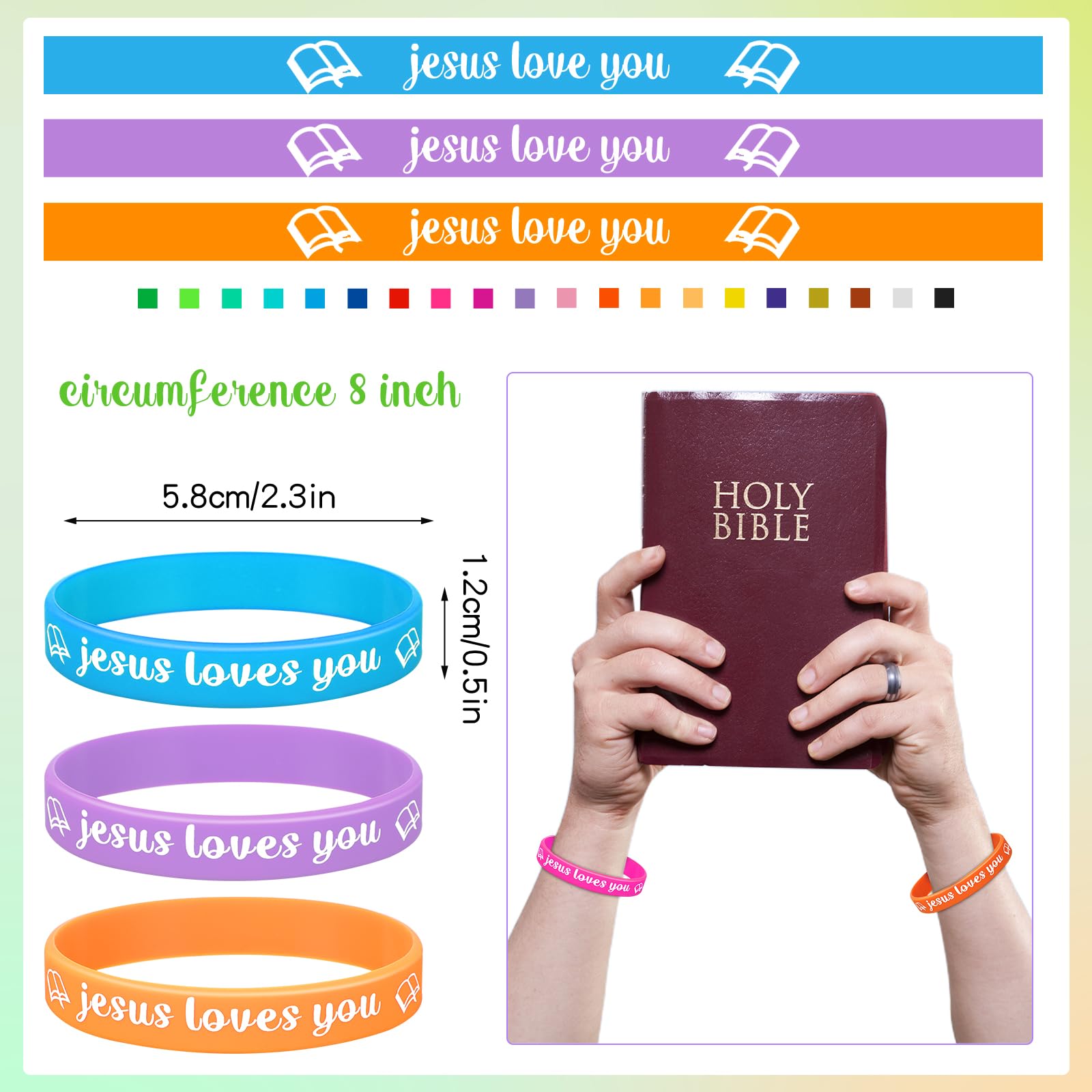Jerify 200 Pcs Jesus Loves You Silicone Bracelet Christian Wristbands Bulk Bible Verse Rubber Bracelet Religious Colorful Bands