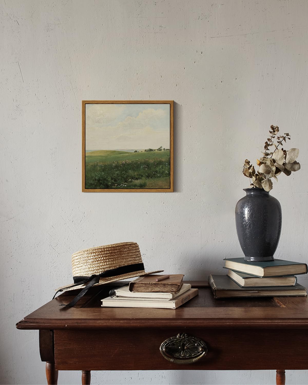 Insimsea Square Framed Canvas Wall Art, Vintage Grassland Paintings, Field Scenery Wall Pictures For Bedroom Bathroom Living Roo