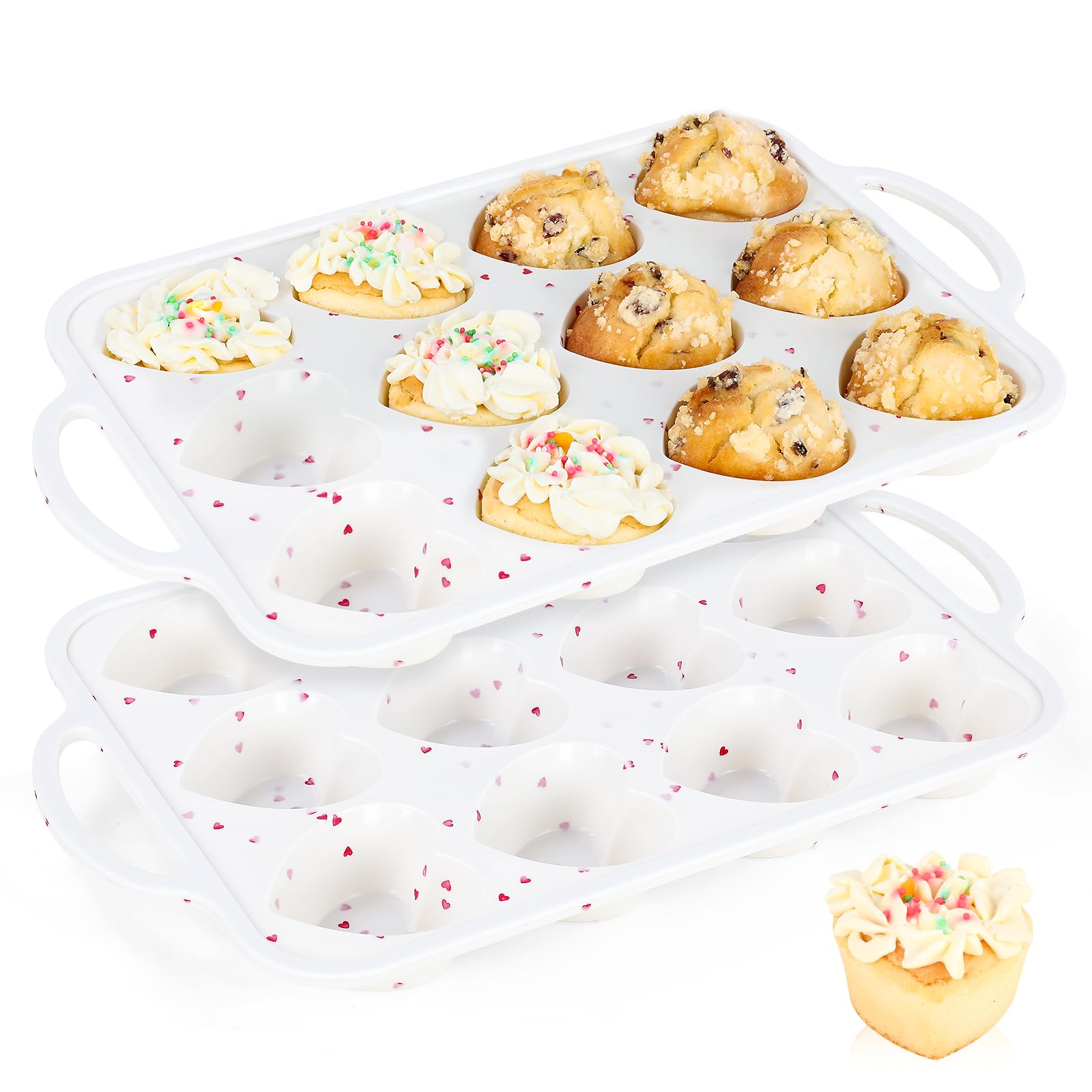 Vinino Silicone Heart Shaped Muffin Pan with Metal Reinforced Frame, 2 Pack Cupcake Pan, Silicone Heart Mold for Baking, Chocola