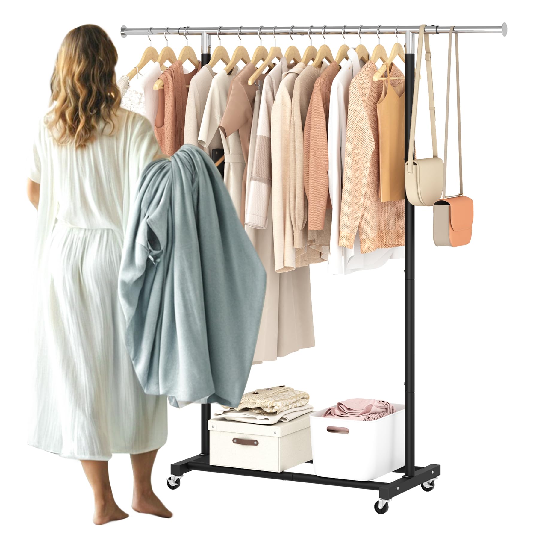 Jiuyotree Rolling Clothes Rack With Shelf Clothing Garment Rack With Wheels Width Adjustable Clothing Organizer For Hanging Clot