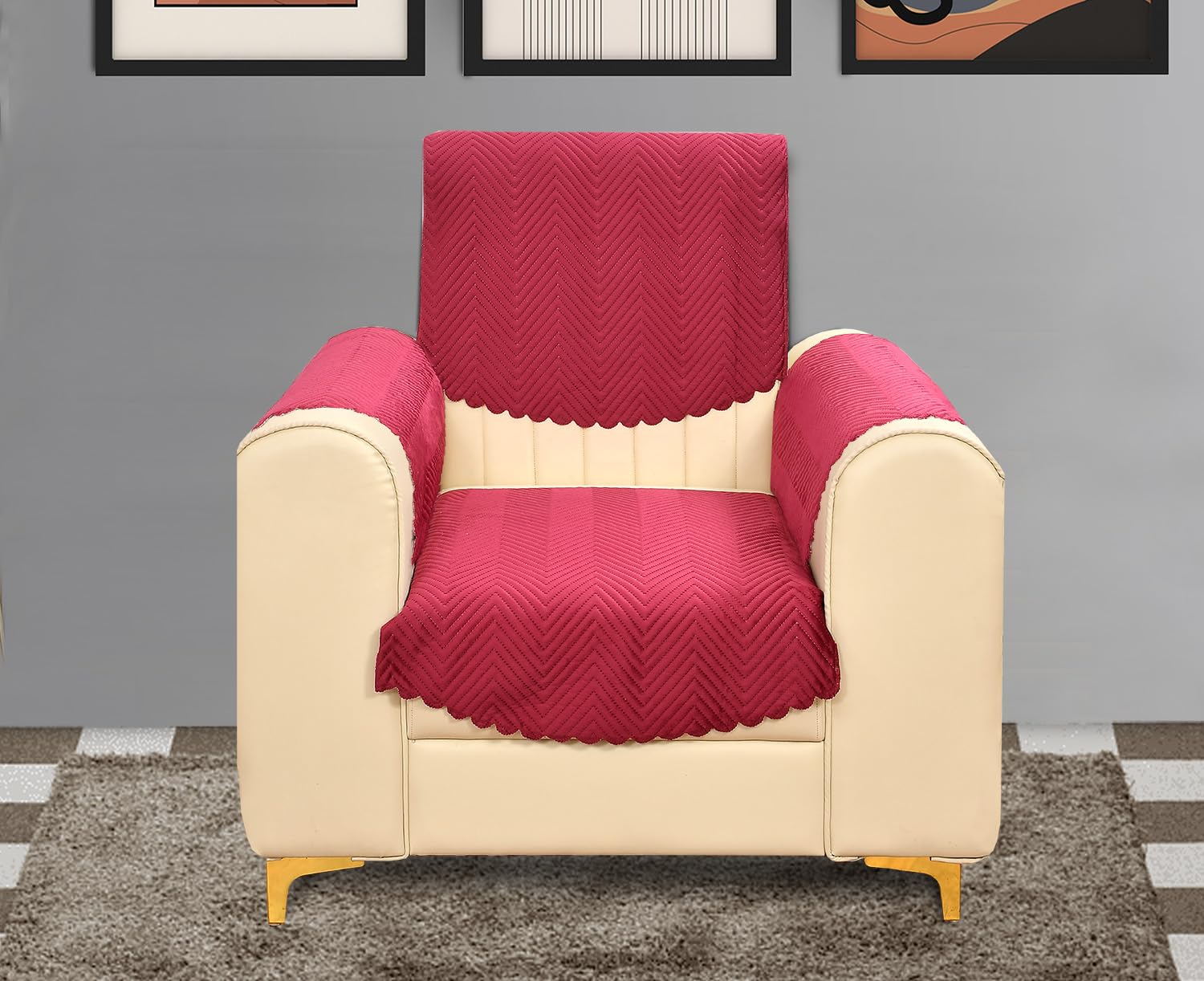 Yellow Weaves 1 Seater Quilted Sofa Chair Cover With Arm Cover, Seat & Back Cover, Color - Cardinal Red