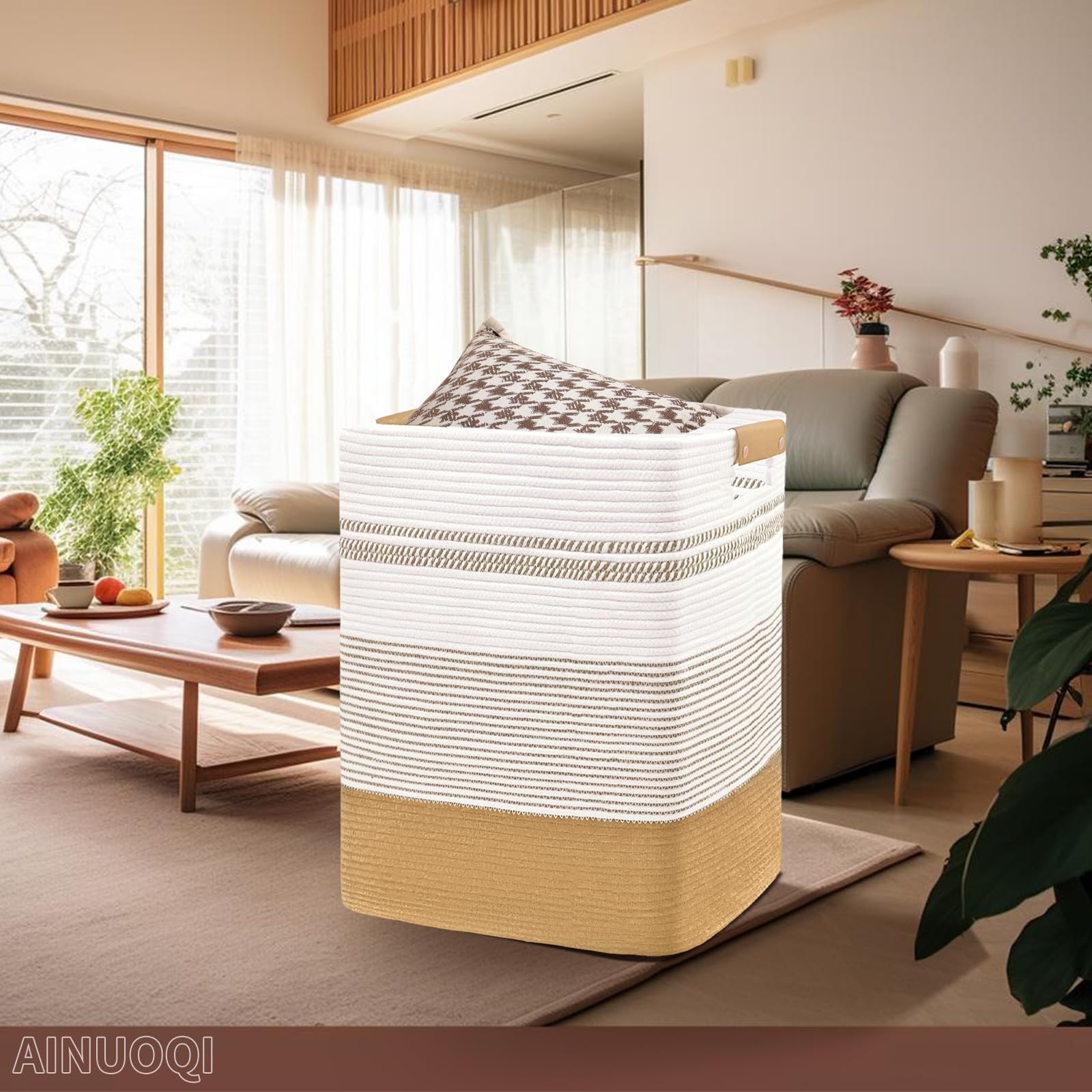 Ainuoqi Laundry Hamper - 85L Large Laundry Basket With Leather Handles, Decorative Storage Basket For Blankets - Cotton Rope Wov