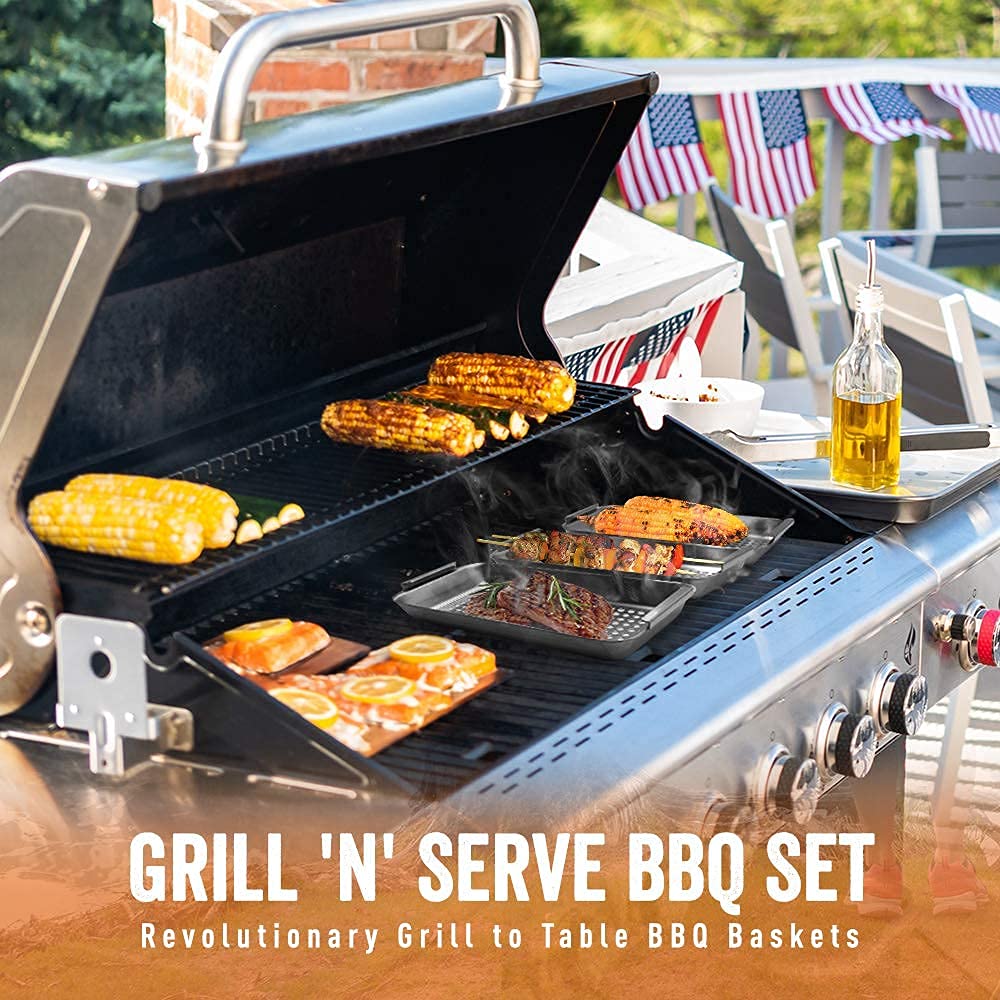 Yukon Glory BBQ 'N SERVE Grill Basket Set - Includes 3 Grilling Baskets a Serving Tray & Clip-on Handle - ''Patented Grill-to-Table Design'' Perfect For Grilling Fish Veggies & Meats