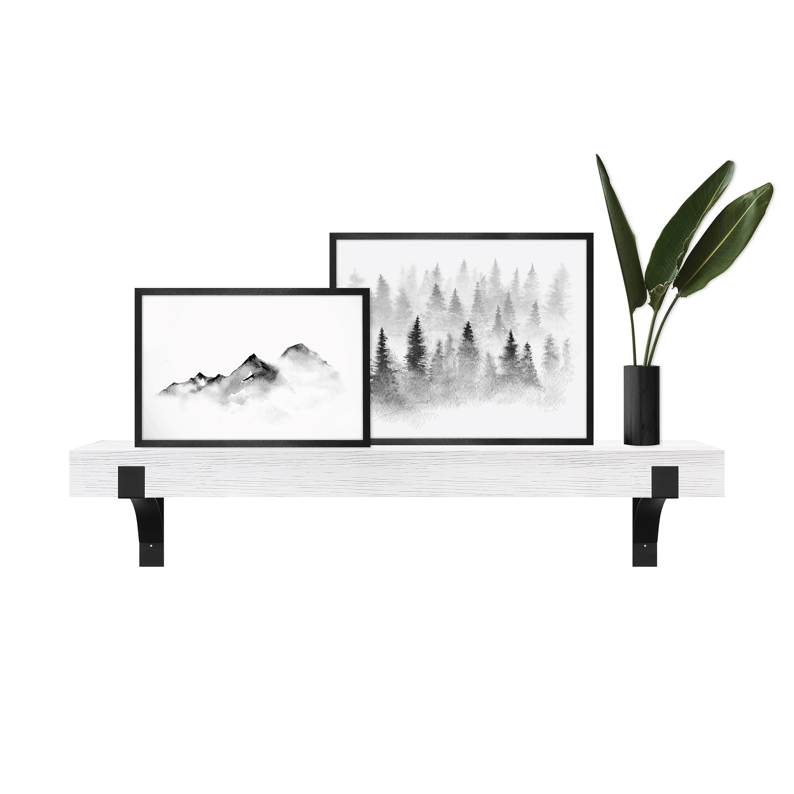 Master & Co. Modern Floating Fireplace Mantel with Black Metal Brackets, Long Floating Shelves for Wall D  cor, 48 inches, White