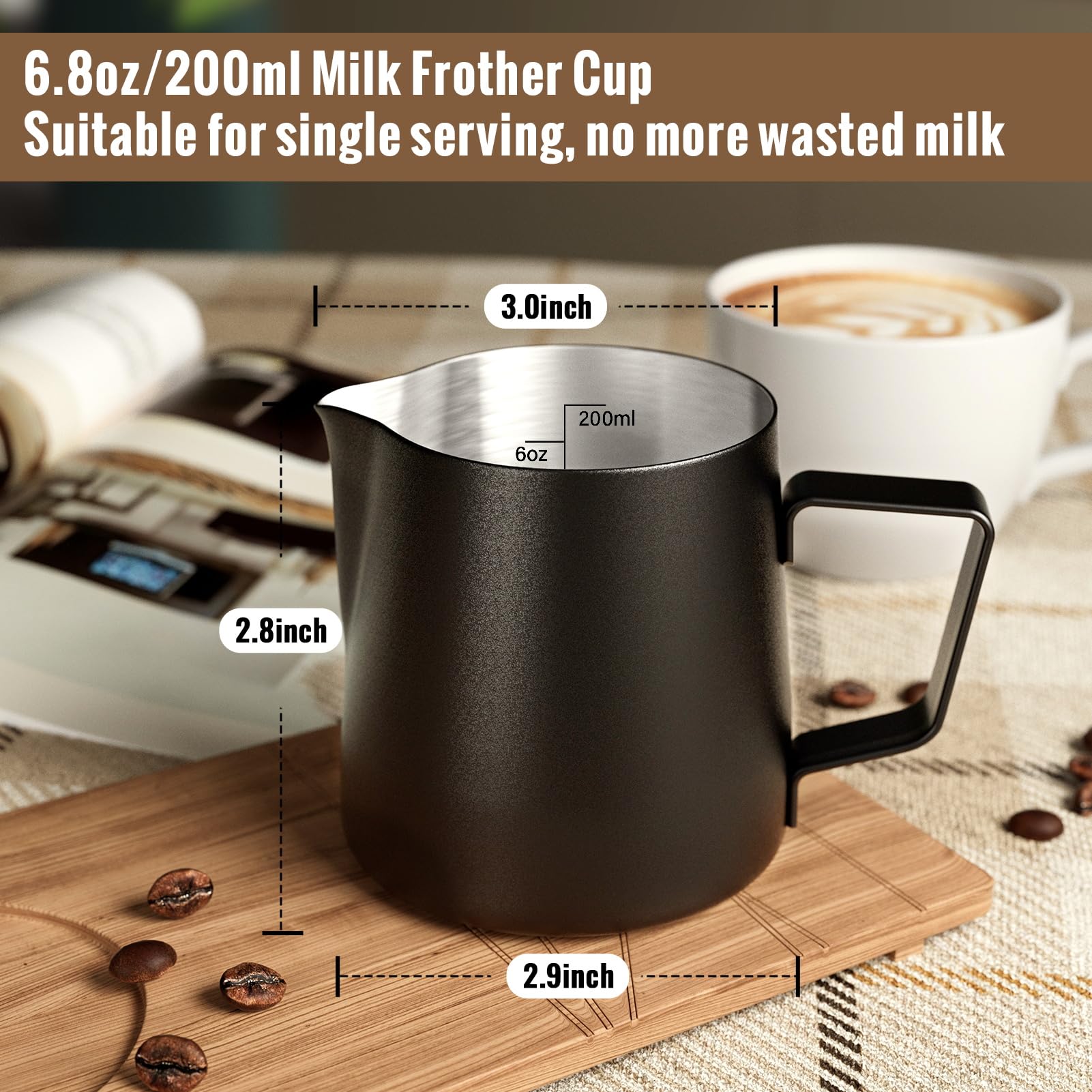 HULISEN 6.8oz/200ml Milk Pitcher  Stainless Steel Espresso Latte Steaming Frothing Pitcher  Coffee Milk Frother Maker  Pour Cup