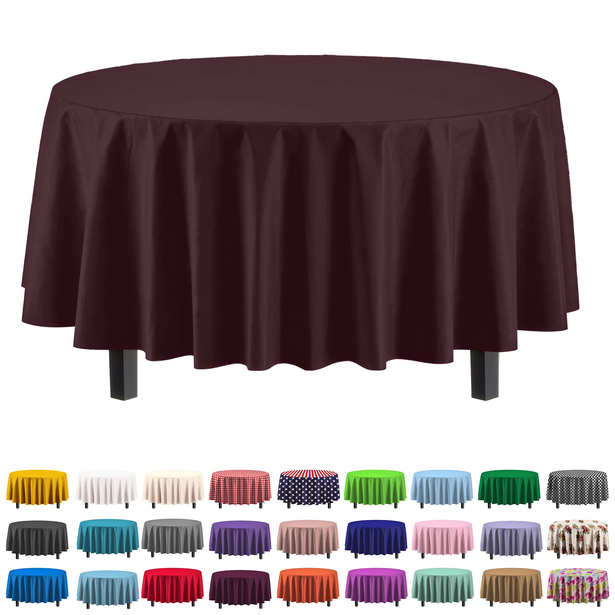 Exquisite 6-Pack Premium Plastic Tablecloth 84In. Round Plastic Table Cover - Brown
