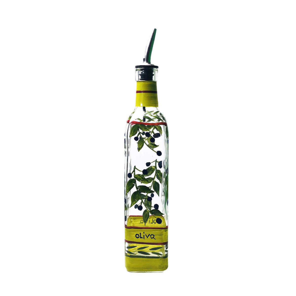 Containly Hand Painted Glass Oliva Branch Oil/Vinegar Glass Cruet For Kitchen, 8 Oz Olive Oil Dispenser With Stainless Steel Spo