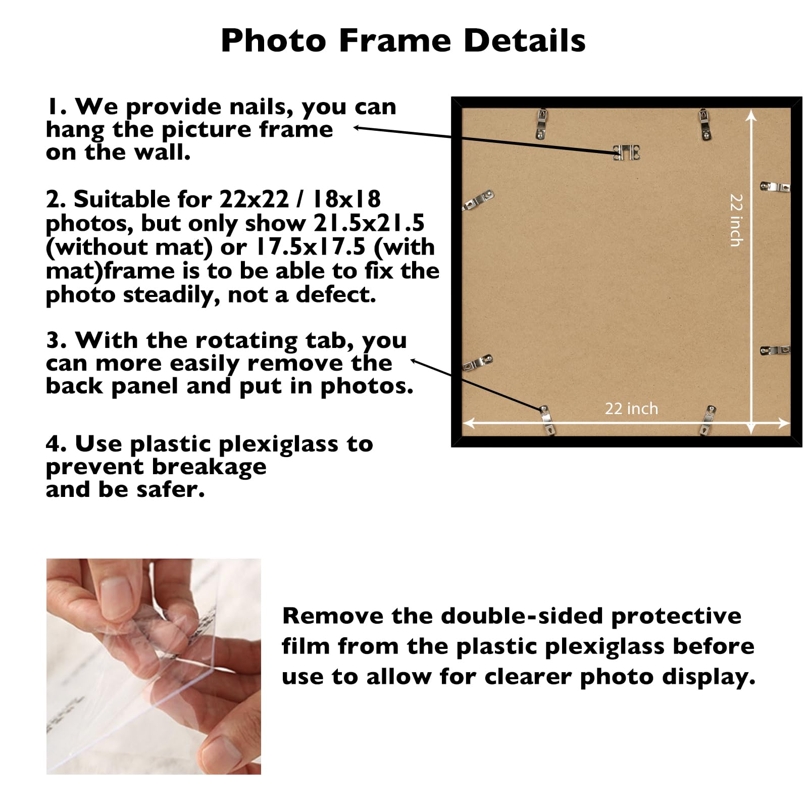 JCJMY 22x22 Picture Frame Black with 18x18 Mat, Display Photo 18x18 with Mat or 22 x 22 Without Mat, Wall Hanging Large 22x22 Po
