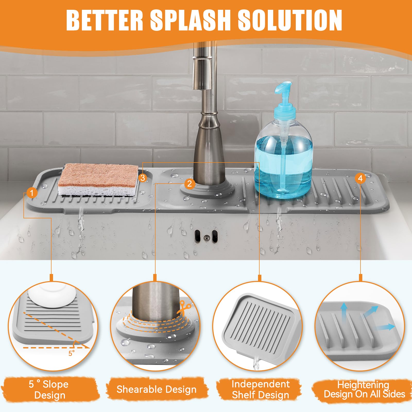 Cobete Kitchen Sink Splash Guard, 5Slope 17.7In Faucet Mat Splash Catcher, Handle Drip Catcher Tray, Multipurpose For Kitchen Di