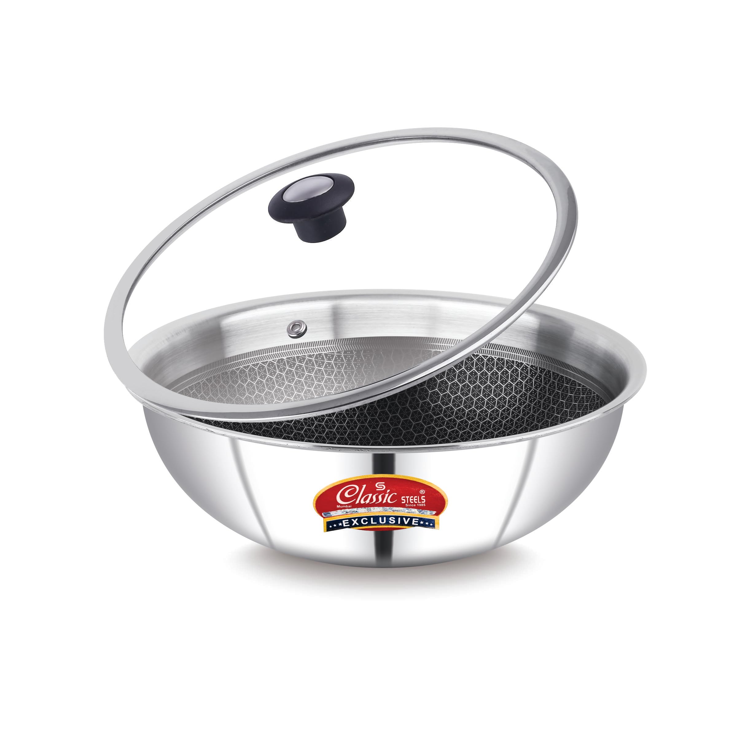 Classic Steels Hexa Comb Triply Stainless Steel Tasla With Glass Lid - 2 Ltr (22Cm) | Induction & Gas Compatible | Silver | Heal