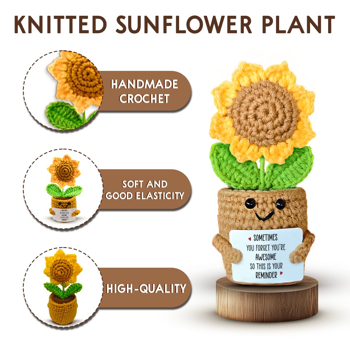 SOL VIBES Birthday Gifts for Women Friendship - Sunflower Crochet - Cute Handmade Positive Plant - Uplifting Thinking of You Enc