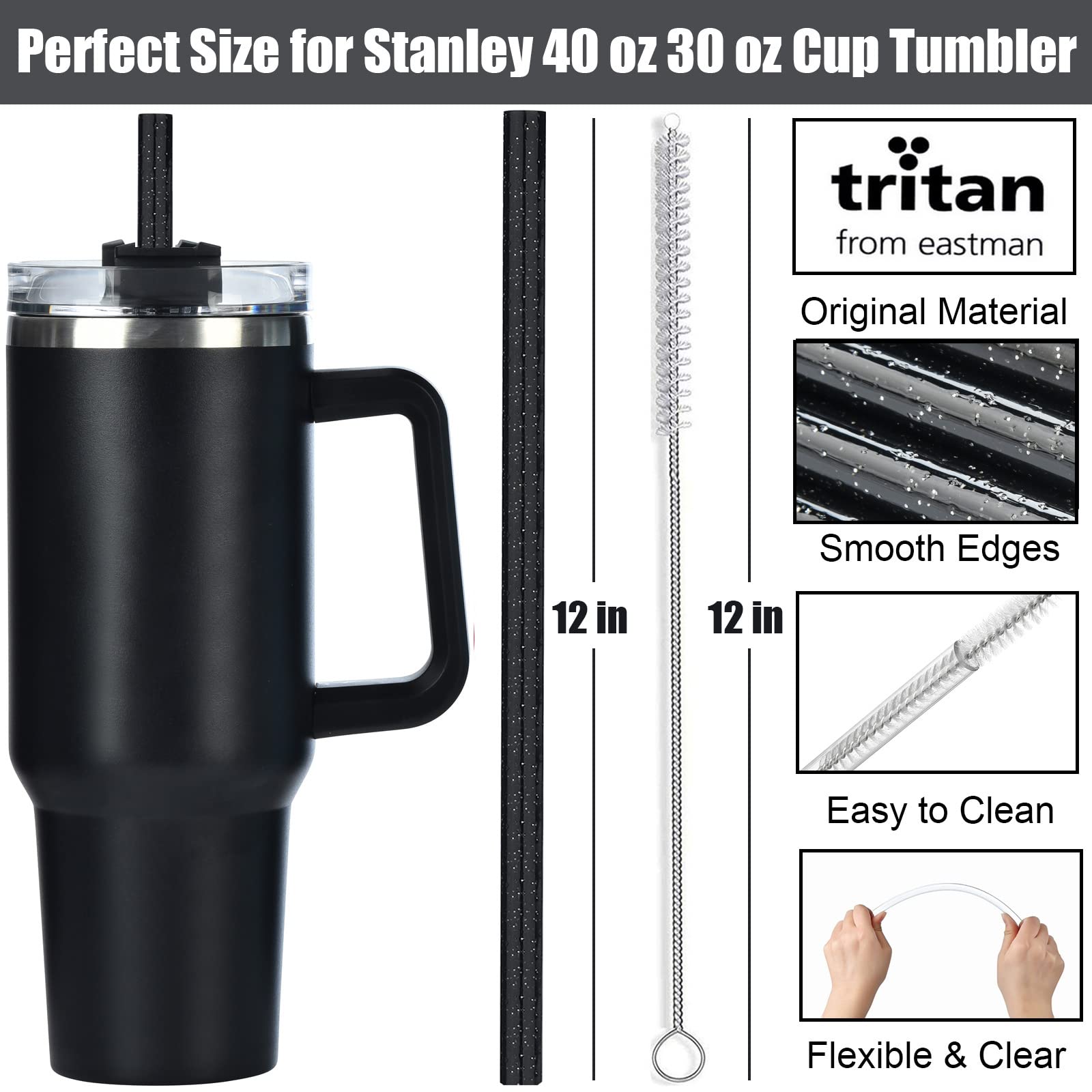 ALINK 10 Pack Black Replacement Straws for Stanley 40 oz 30 oz Tumbler  12 in Long Reusable Plastic Glitter Straws for Stanley Cup Accessories  Half Gallon Jug  Plus 2 Cleaning Brush