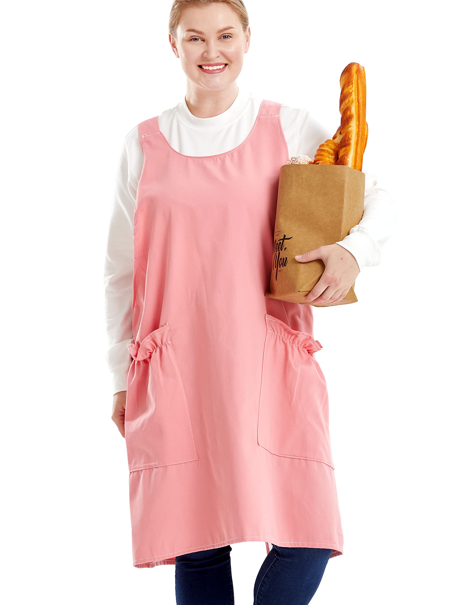 Apronner Cross Back Plus Size Linen Aprons For Women With Pockets Blend Dress For Baking Cooking Gardening Works Pale Pink