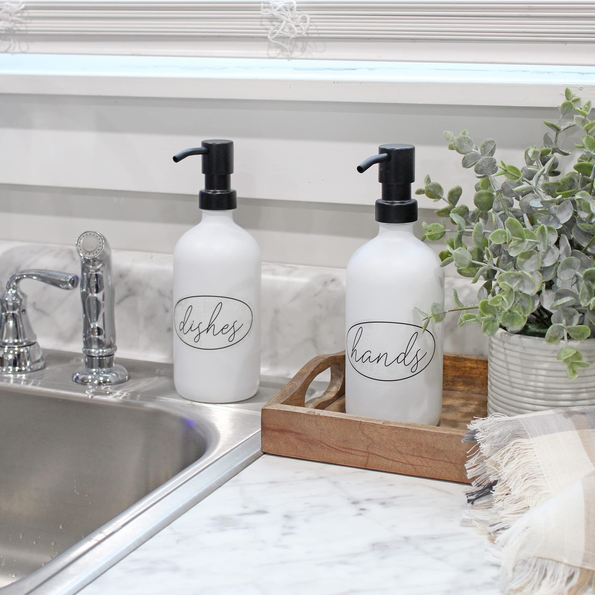 Darware 16Oz Glass Pump Bottles (Set Of 2, White W/Black); Soap Dispenser Pump Bottles With Brushed Metal Pump Tops