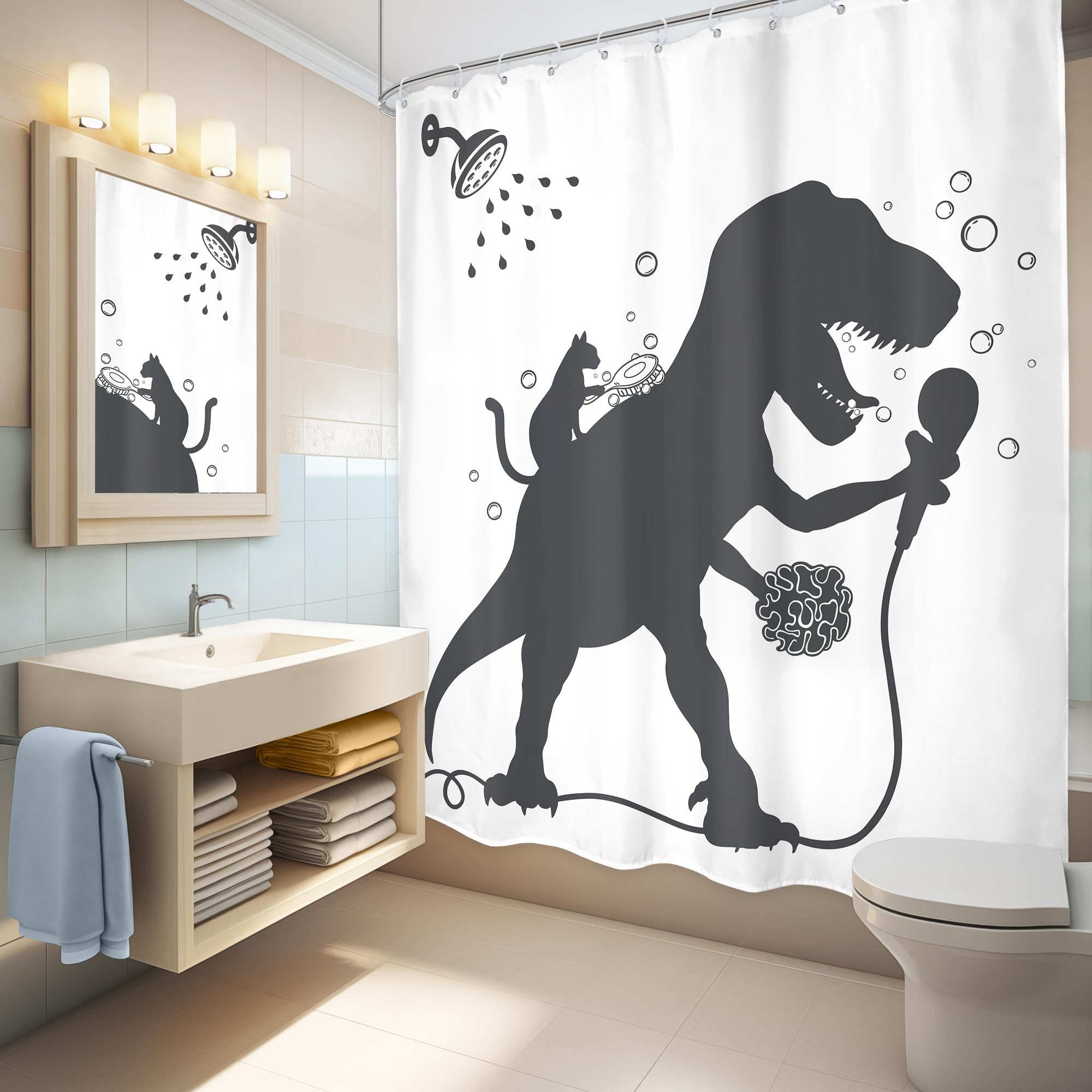 Lghtyro Kids Funny Dinosaur Shower Curtain Bathroom Set 60Wx71H Inches Boys Dino Cat Trex Raptor Animal Shadow Silhouette Bath C