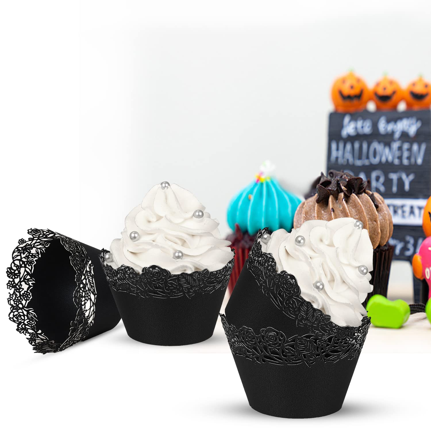 Cupcake Wrappers Pack Of 50 Blue Filigree Artistic Bake Cake Paper Cups Little Vine Lace Laser Cut Liner Baking Cup Muffin Case