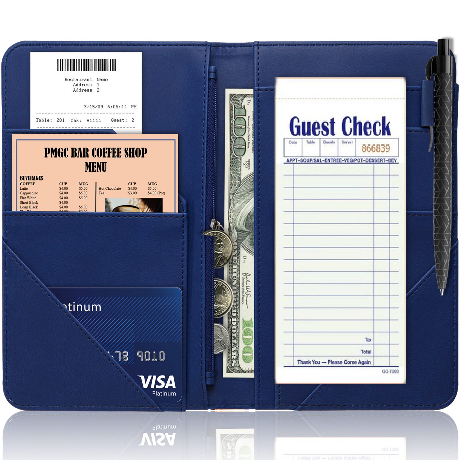 Server Book for Waitress Book Organizer Upgraded 9 Pockets PU Leather Waiter Wallet Server Books with Zipper Pocket  Guest Check Holder Serving Book Fit Server Waitress Apron-Sunflowers