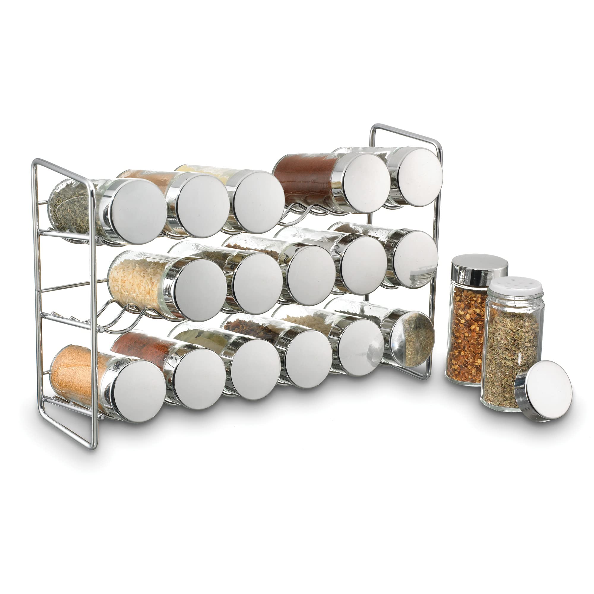 Polder Chrome 18-Jar Compact Spice Rack, 18-5 Ounce Glass Jar Has Perforated Shaker Caps, Chrome Plated Lids, Sleek Enough For C