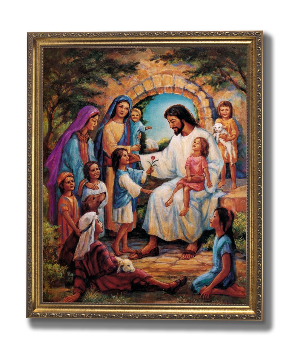Jesus Christ With Children Religious Art Print 16X20'' Gold Frame & Glass Great Gift Idea From Grandparents