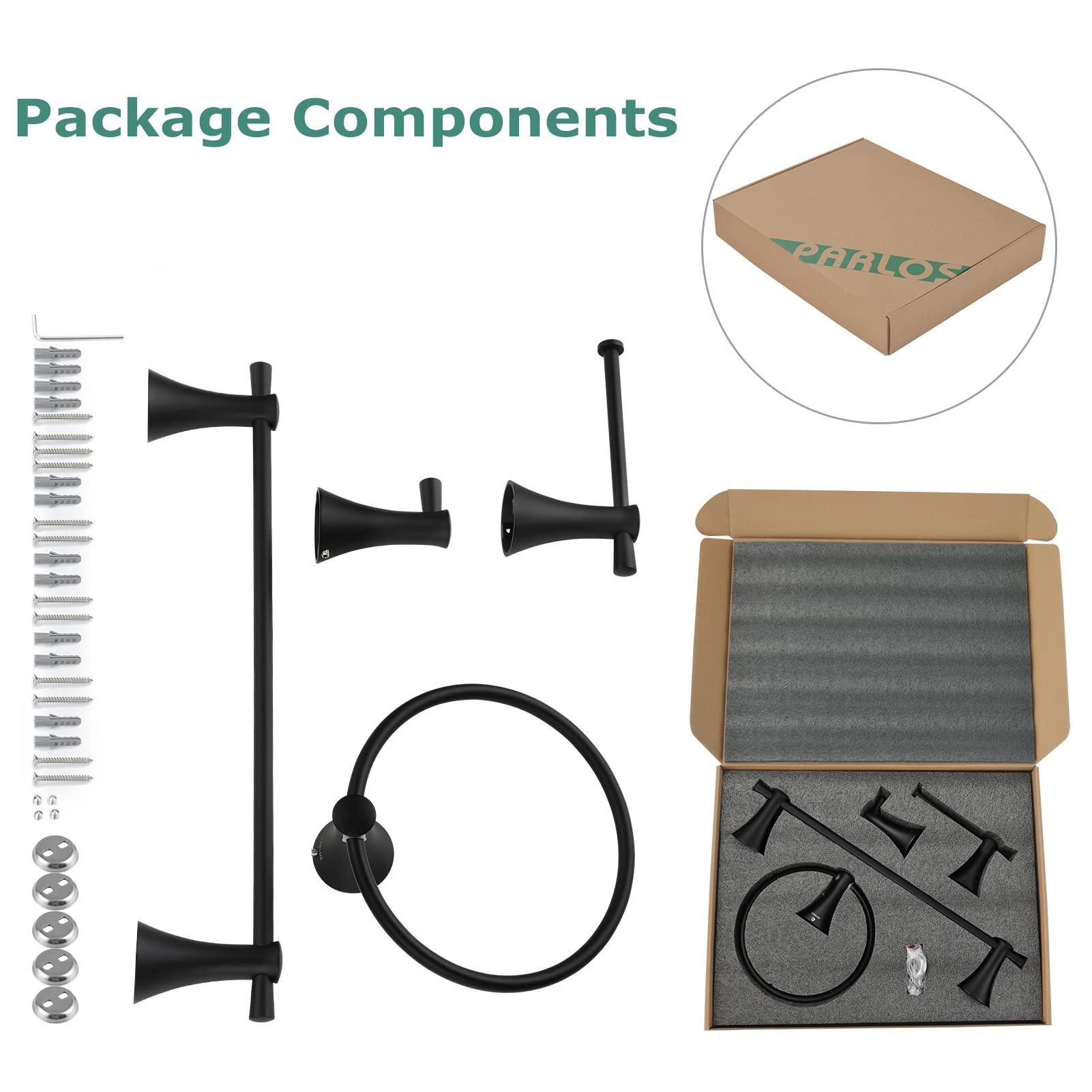 Parlos 4-Pieces Brass Bathroom Hardware Accessory Set Matte Black Towel Bar, Towel Ring, Toilet Paper Holder And Robe Hook Inclu