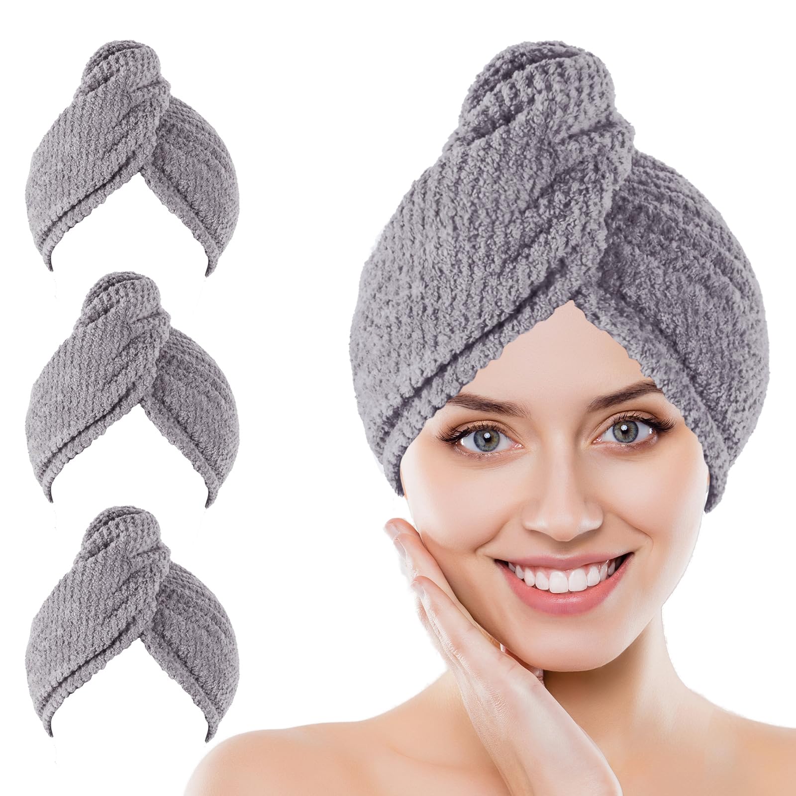 Kldnkig Microfiber Hair Towel Wrap, 3 Pack (Gray) Soft Hair Drying Towel, Hair Turban Towel Set Curly, Ultra Absorbent Twist Hai
