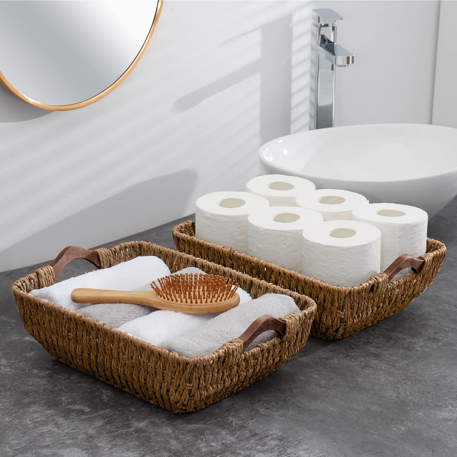 Fairyhaus Hand-Woven Wicker Storage Basket With Natural Wooden Handles Set Of 2, Recyclable & Renewable Paper Rope, 15X10X5 Wick