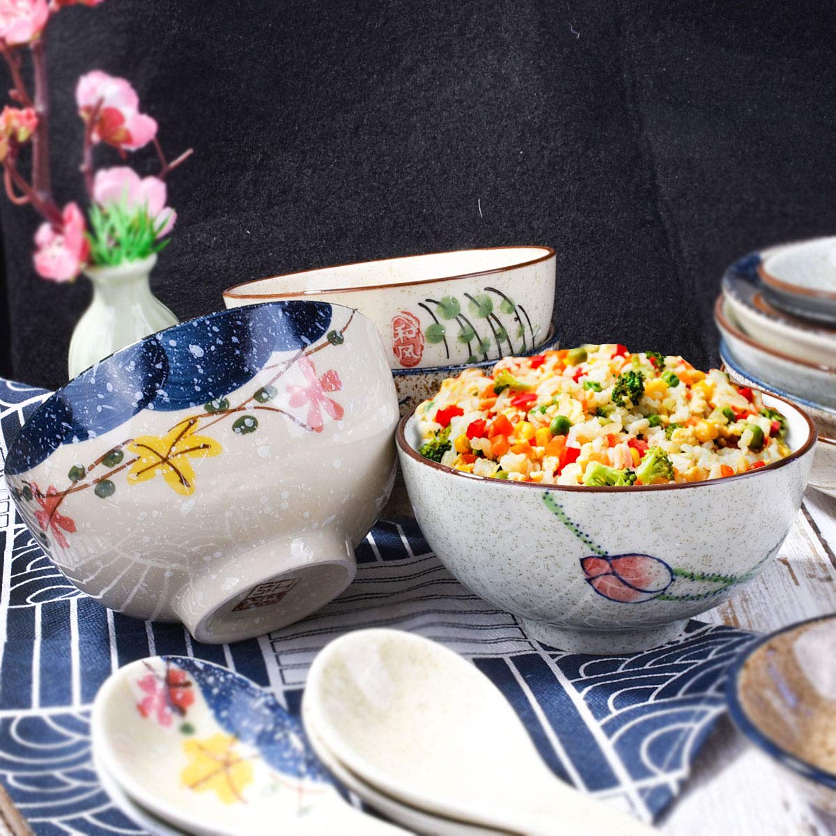 Whitenesser 4.5 Inch Japanese Style Rice Bowls Set Of 4 Porcelain Small Asian Bowl Set For Cereal Soup Dessert Snack,Hand-Painte