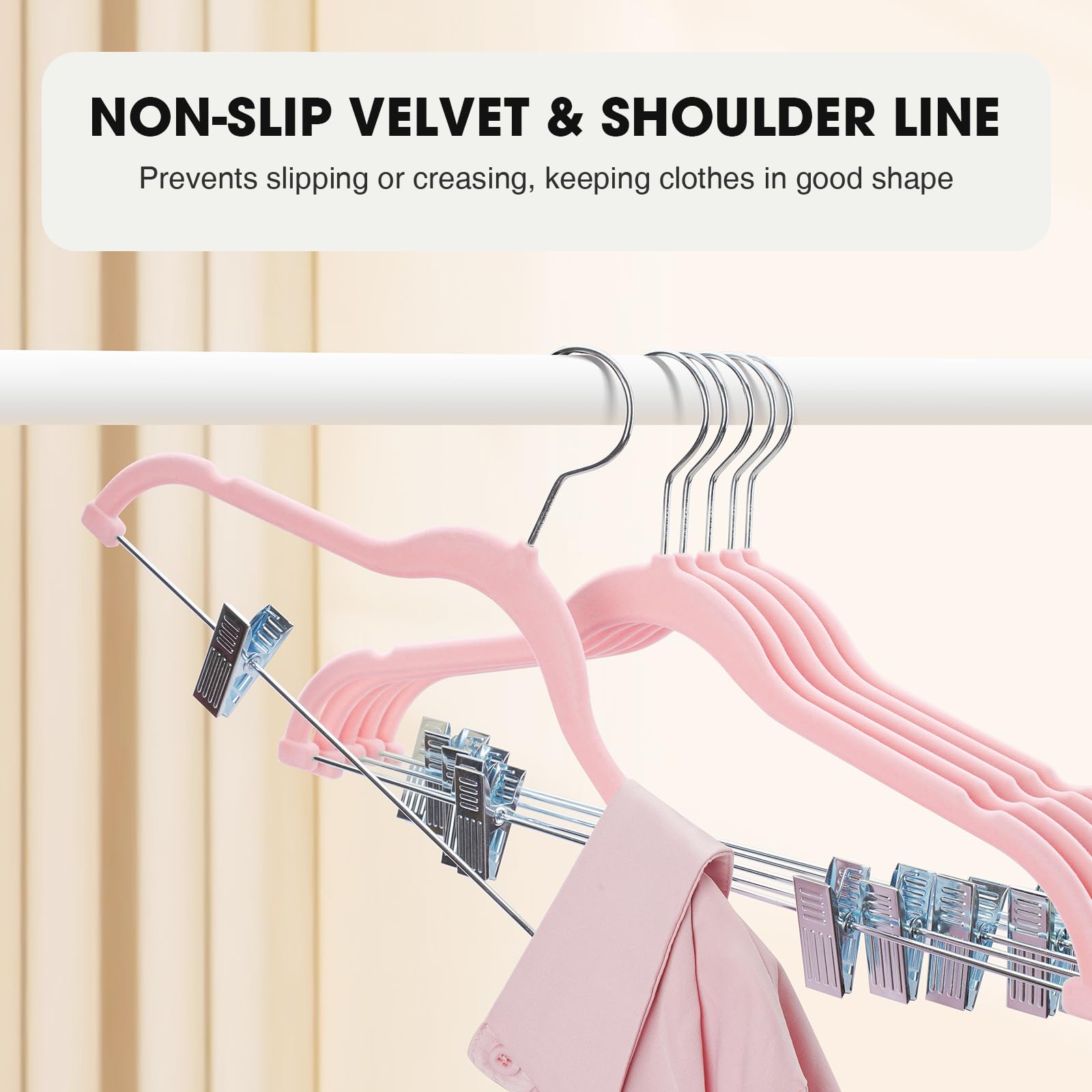 Ulimart 24-Pack Blush Pink Velvet Hangers,Pants Hangers With Clips Adjustable,Felt Hangers,Heavy-Duty,Non-Slip,Space Saving,Slim