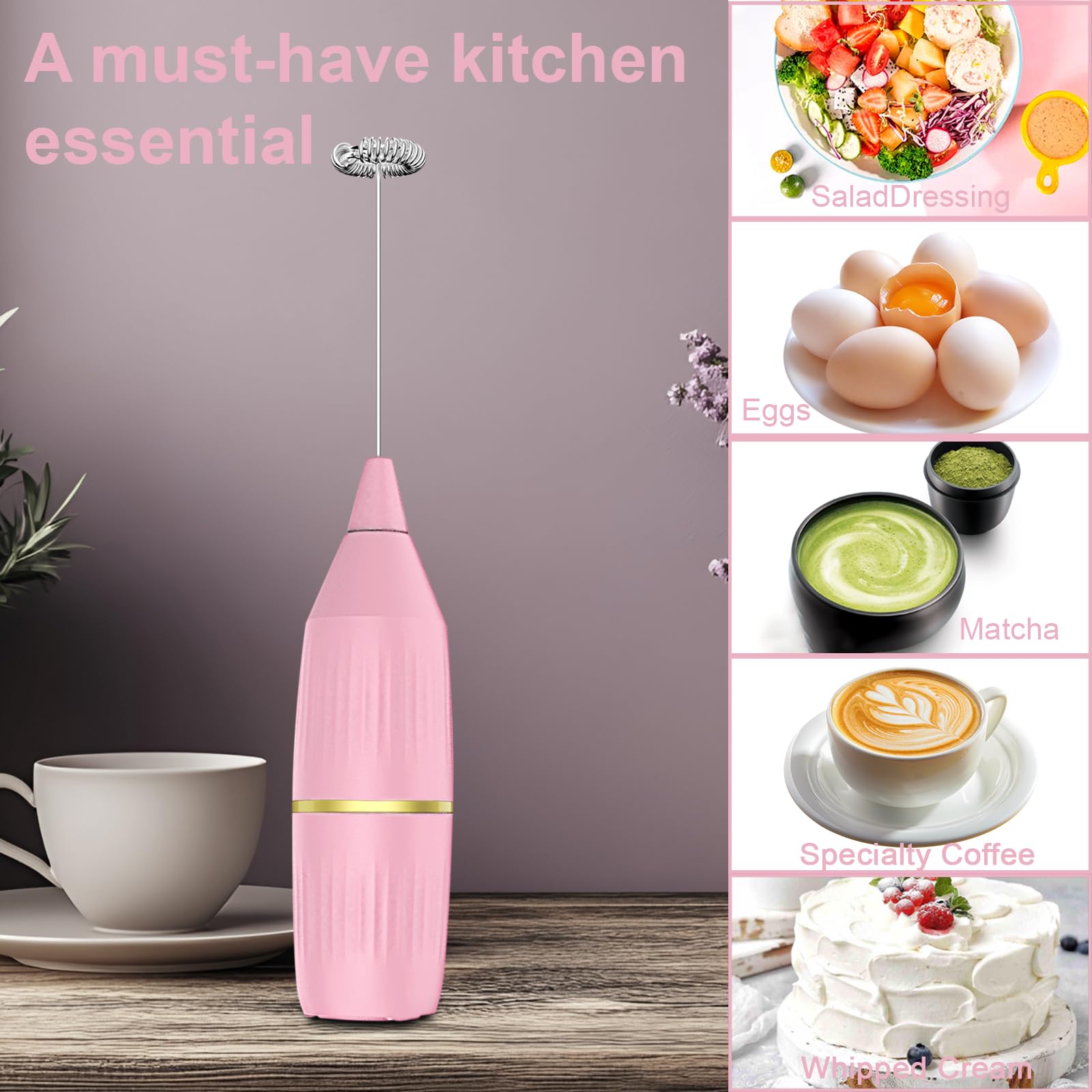 Handheld Milk Frother Wand For Coffee, Matcha, Latte, Cappuccino, Hot Chocolate, Egg, Pink