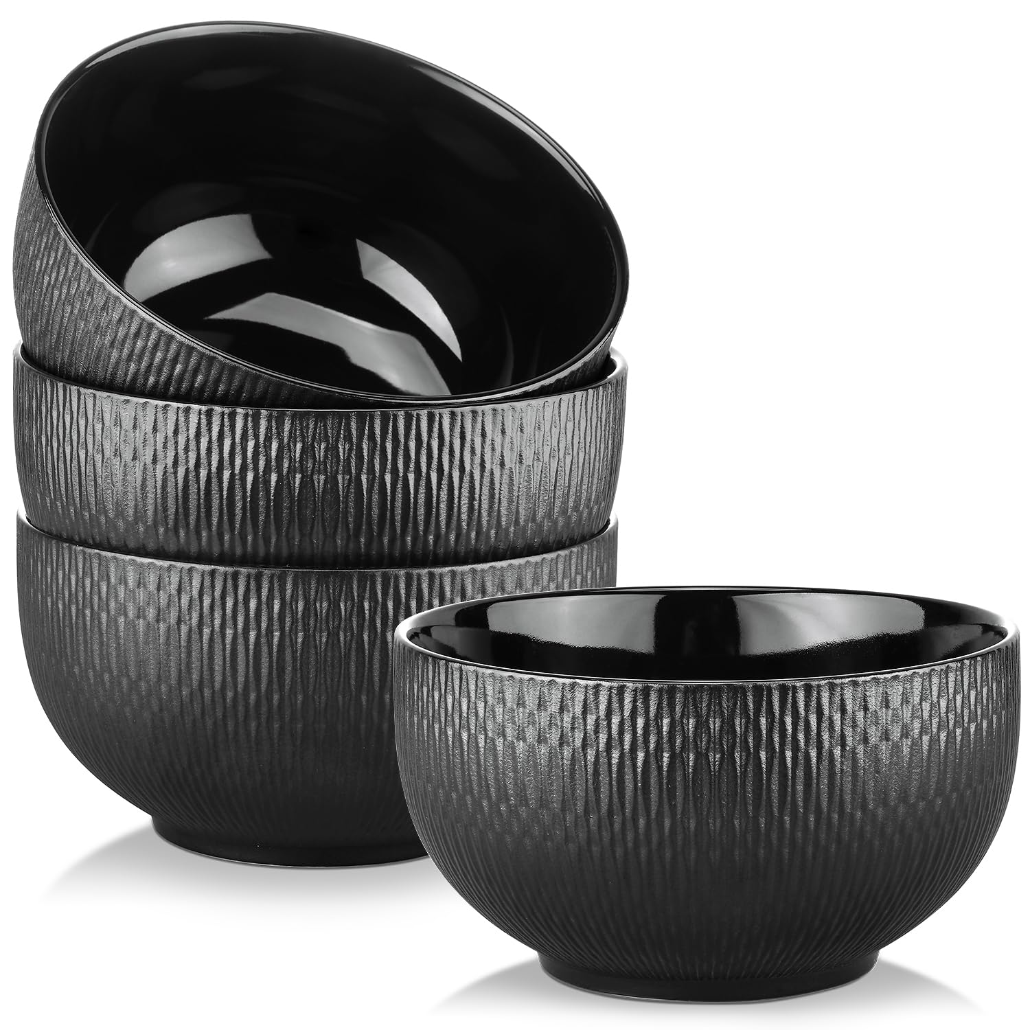 Yedio Black Ceramic Bowls Set of 4, 38 oz Porcelain Large Bowl for Kitchen, Cereal, Soup, Dessert, Rice, Snack, Fruits, Ice Crea
