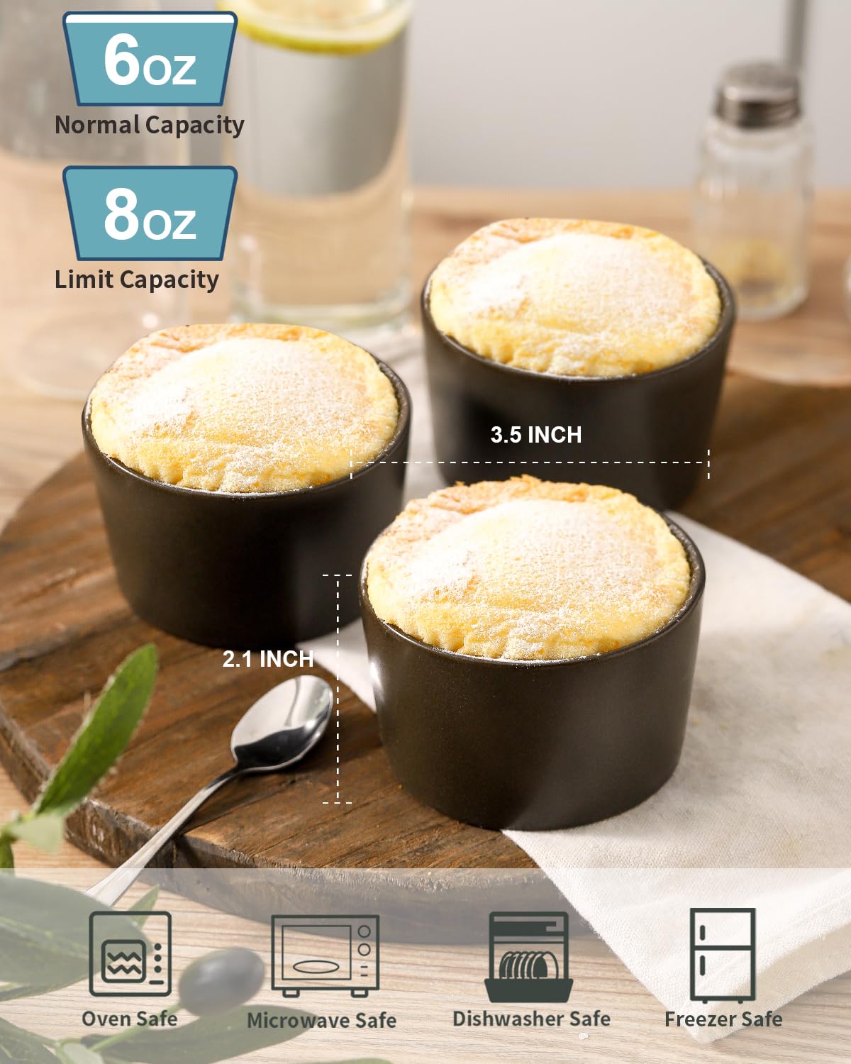 Tikooere Ramekins 6 oz, Oven Safe Souffl   Dishes for Creme Brulee, Souffle, Pudding, Lava Cake, Stoneware Custard Ramikens for