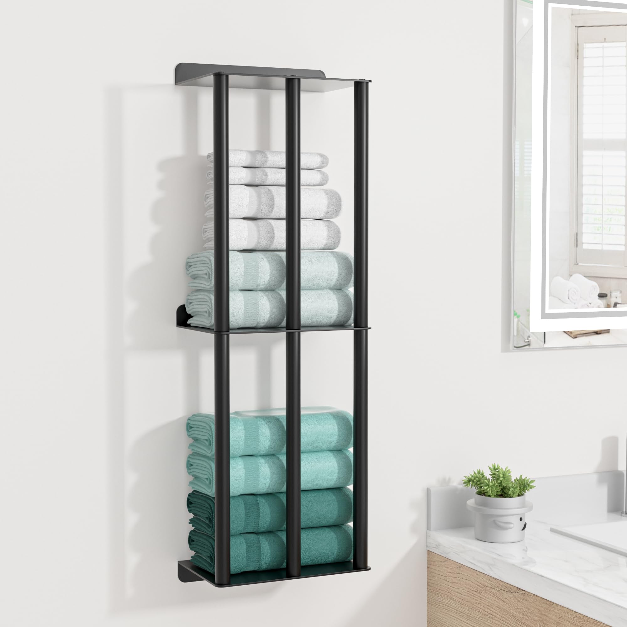 Susswiff Towel Racks For Bathroom, Wall Mounted Towel Holder, 2 Tier Towel Rack With Shelf, Heavy Duty Bath Towel Holder, Black,