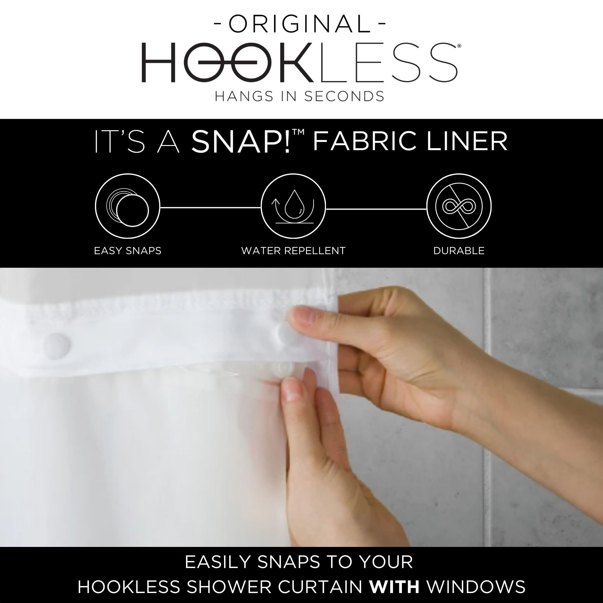 Hookless Its A Snap! Waffle Shower Curtain, 3-In-1 Shower Curtain Includes Fabric Shower Curtain With Sheer Top Window, Flex-On