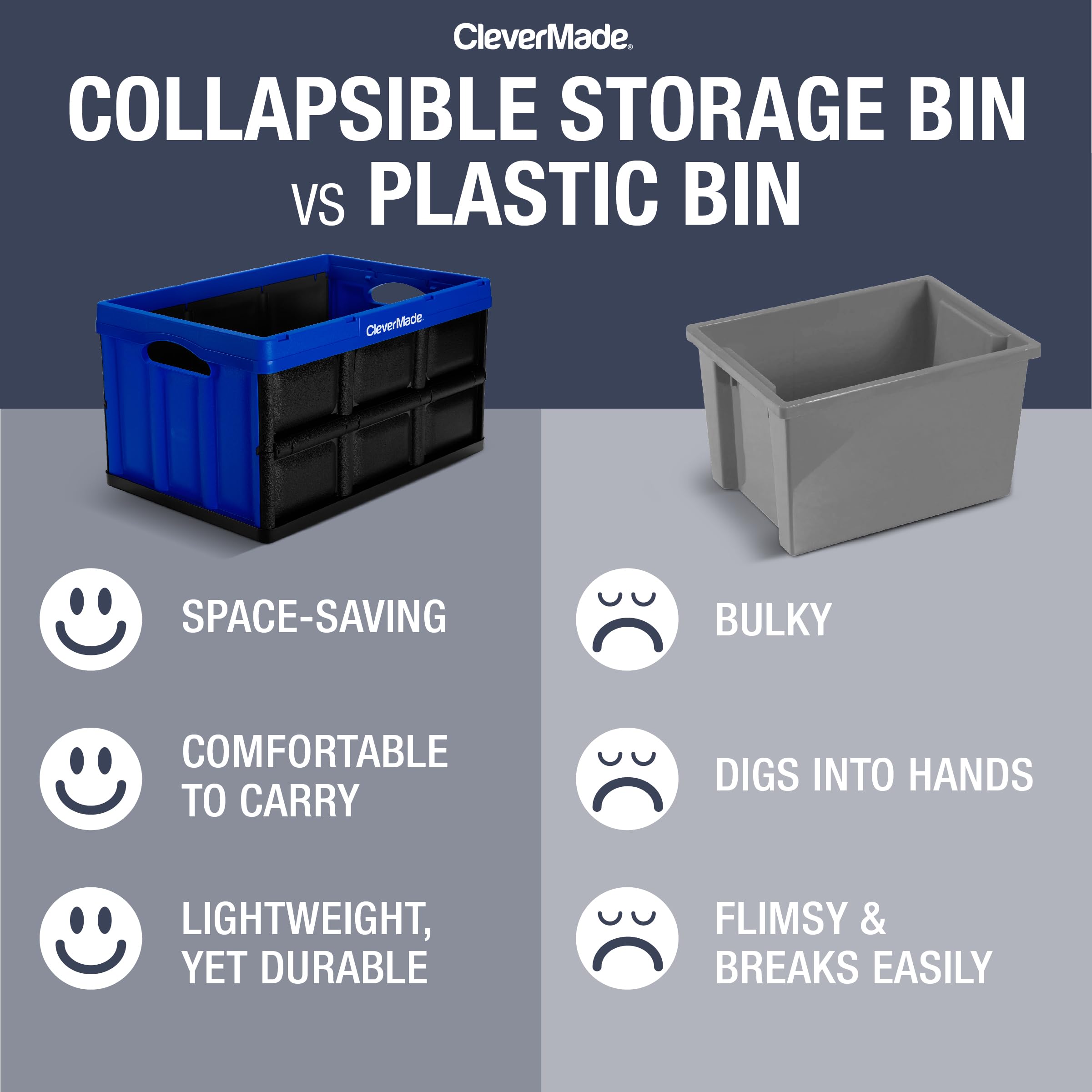 Clevermade Collapsible Storage Bin, Tan, 3Pk - 46L (12 Gal) Stackable Storage Containers, Holds 66Lbs Per Bin - Plastic Storage