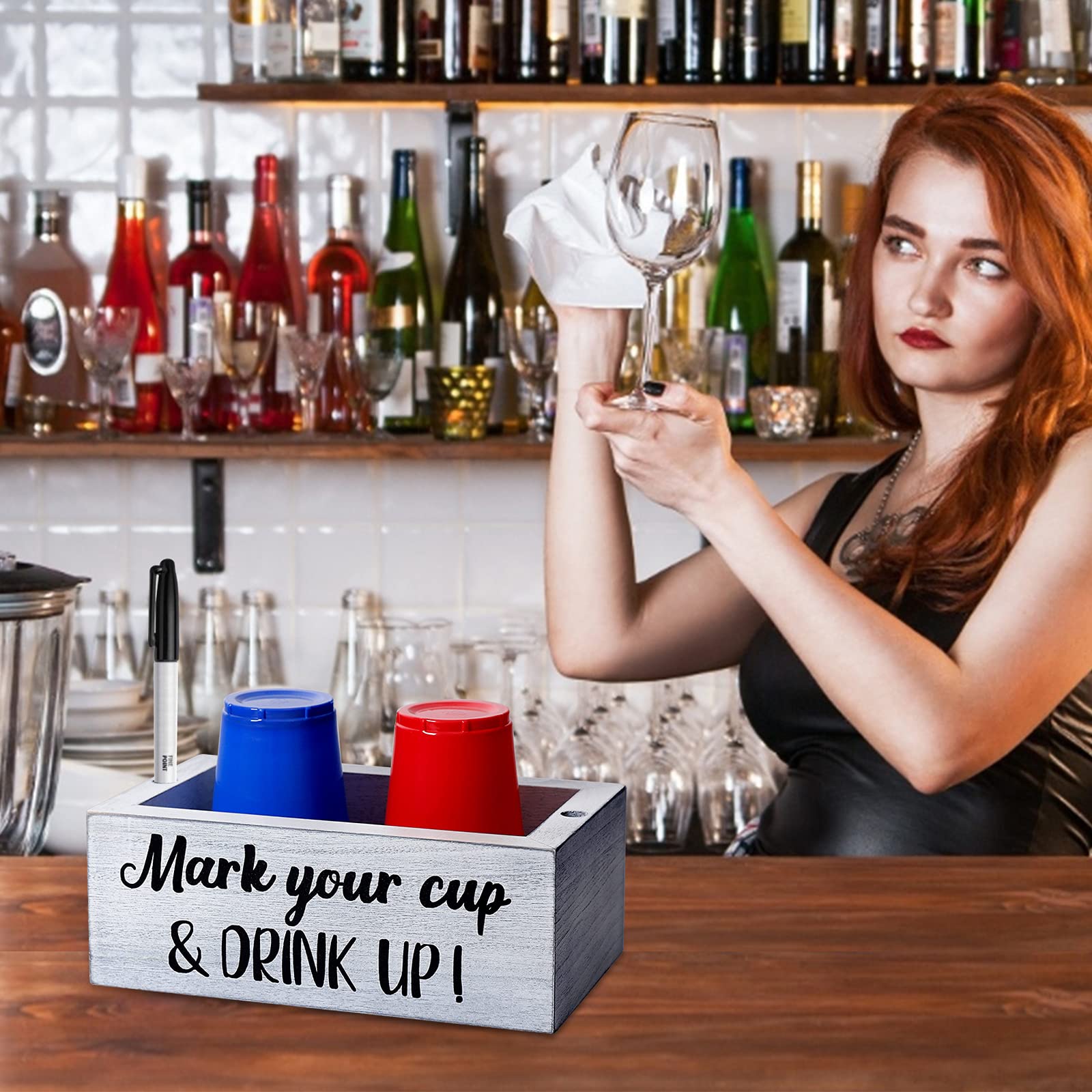 Yontiny Double Disposable Cup Holder With Marker Slot Mark Your Cup And Drink Up Drink Dispenser Wood Utensil Dispenser Farmhous
