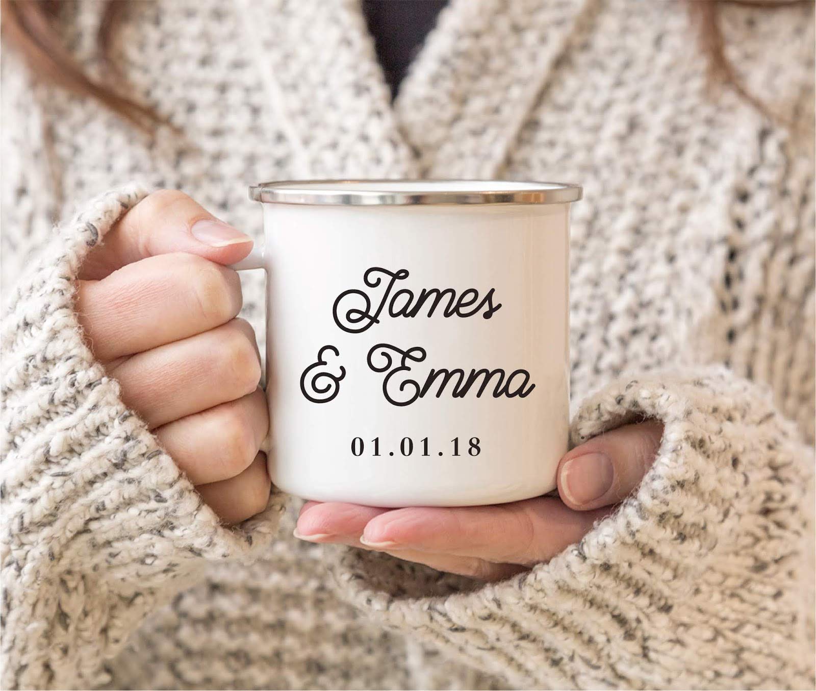 Andaz Press Fully Personalized Stainless Steel Campfire Coffee Mugs Gift Set, Bride Groom Names and Date, 2-Pack, Metal Enamel C