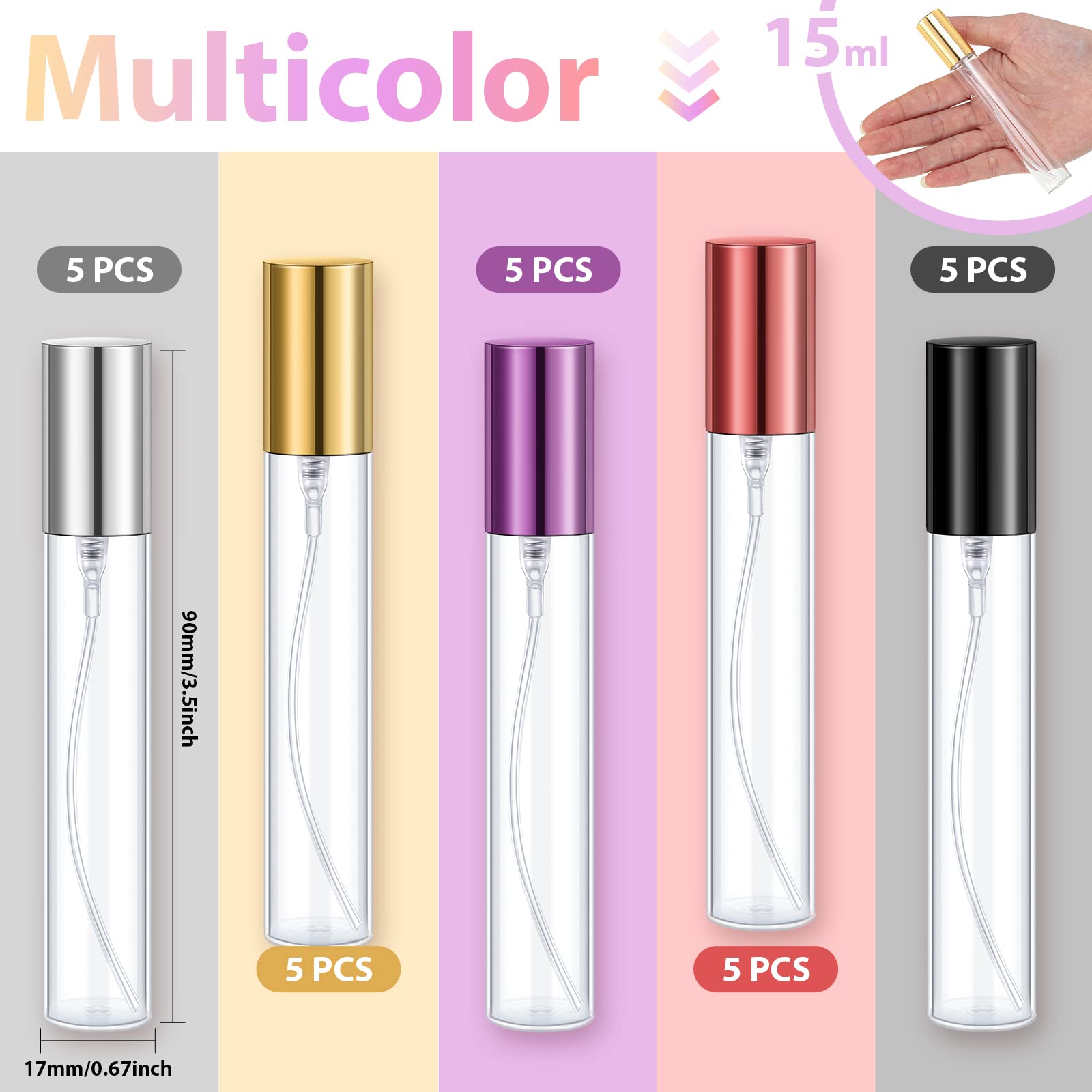 Yinder 25 Pcs 15Ml Travel Spray Bottle Refillable Perfume Atomizer Bulk Glass Mini Cologne Perfume Bottles Empty Fine Mist Porta