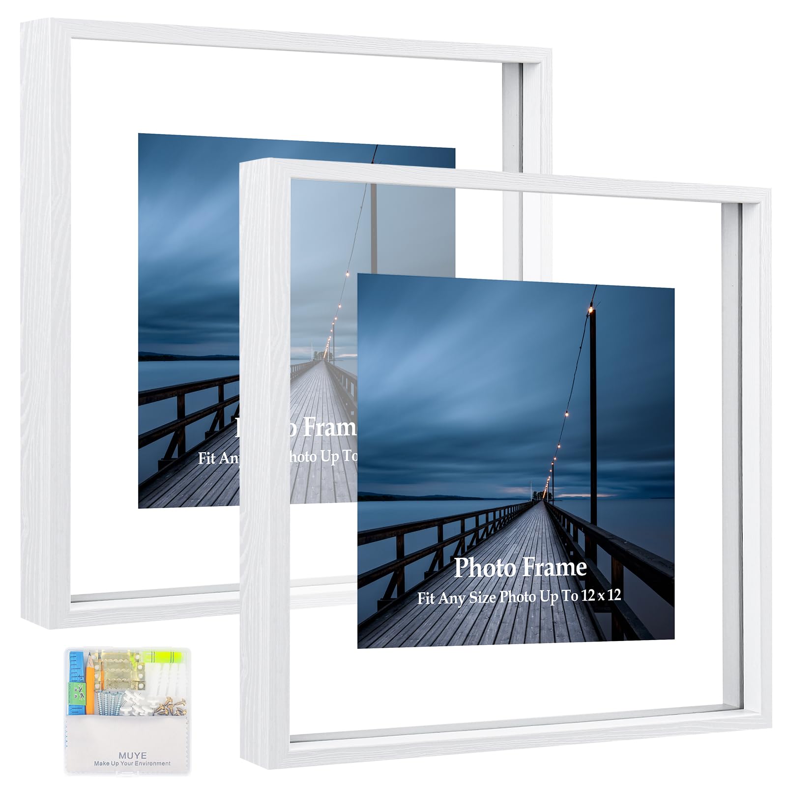 MUYE 12x12 Floating Frame Set of 2,Double Real Glass Square Photo Frame,Display Any Size Photo up to 12x12,Wall Mount or Tableto