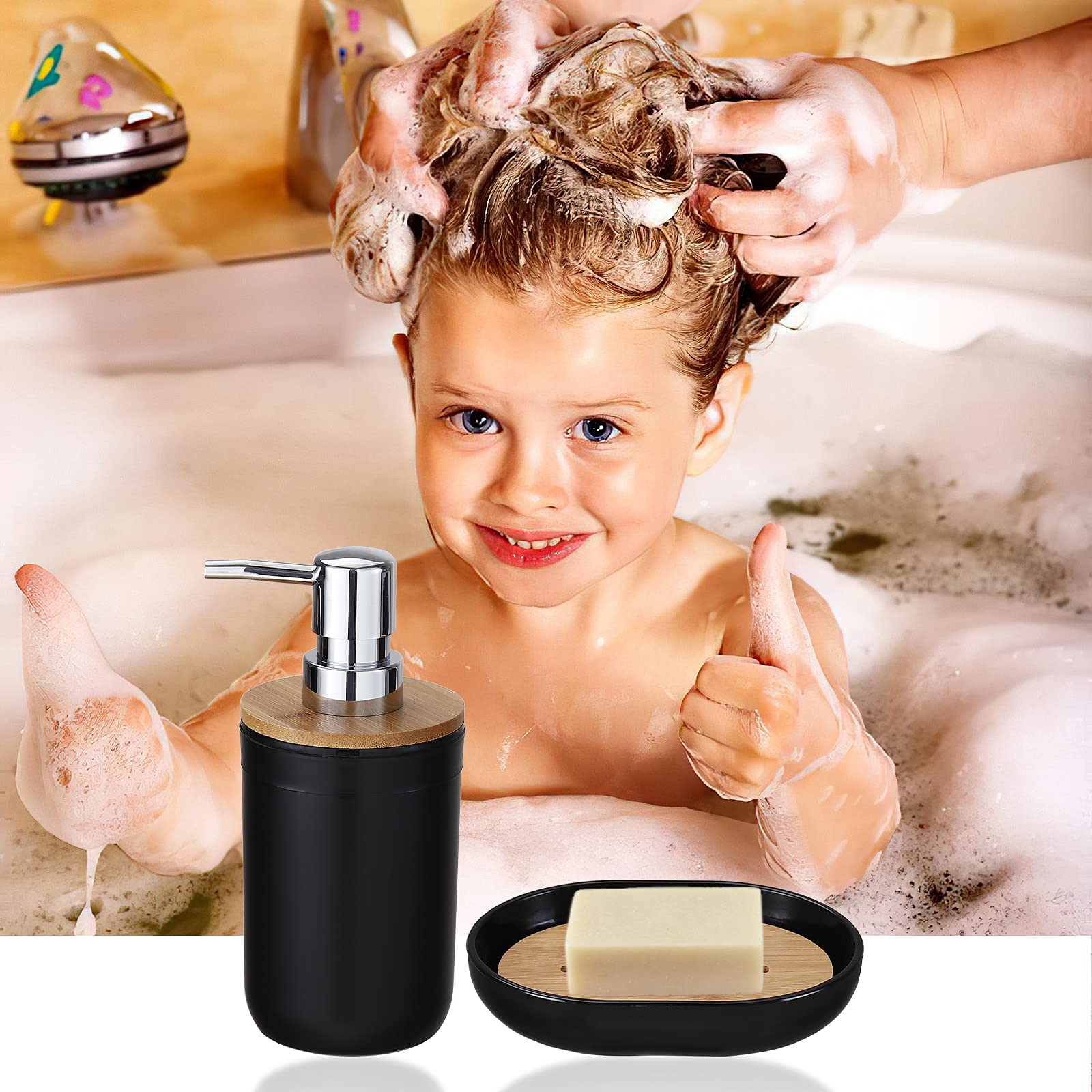 Imucci Bathroom Accessories Set With Trash Can,Toothbrush Holder, Lotion Soap Dispenser, Soap Dish,Tumbler Cup(9Pcs Black Bamboo