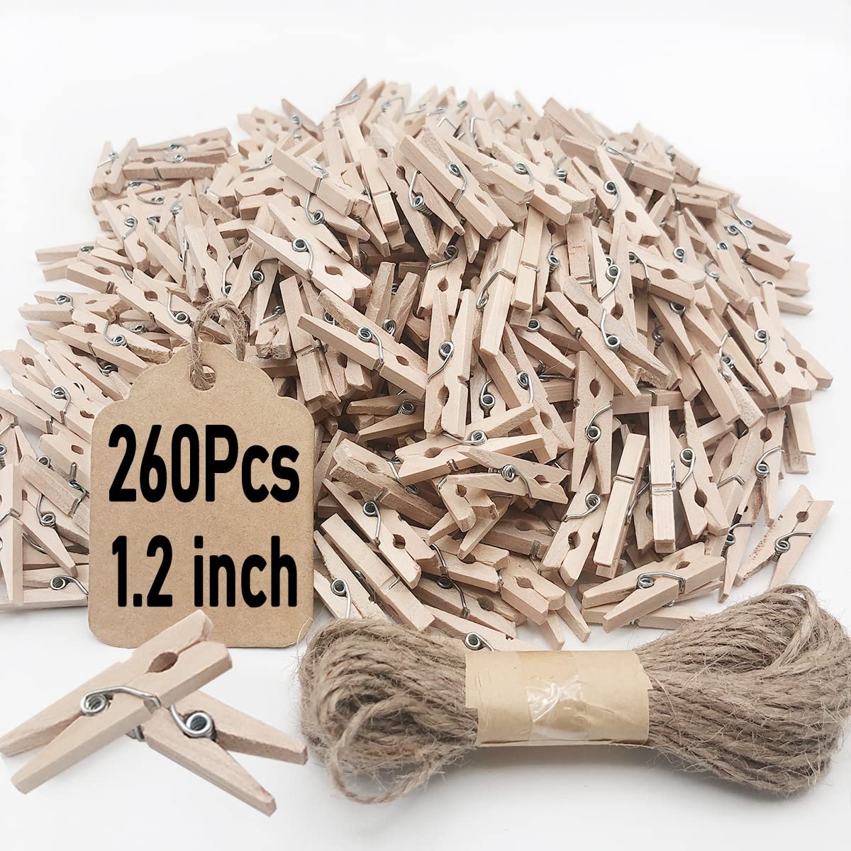 Mini Clothes Pins, 260 Pcs Small Wooden Clothes Pins With Jute Twine, Clothespins, Clothes Pins For Photos Crafts Diy Project
