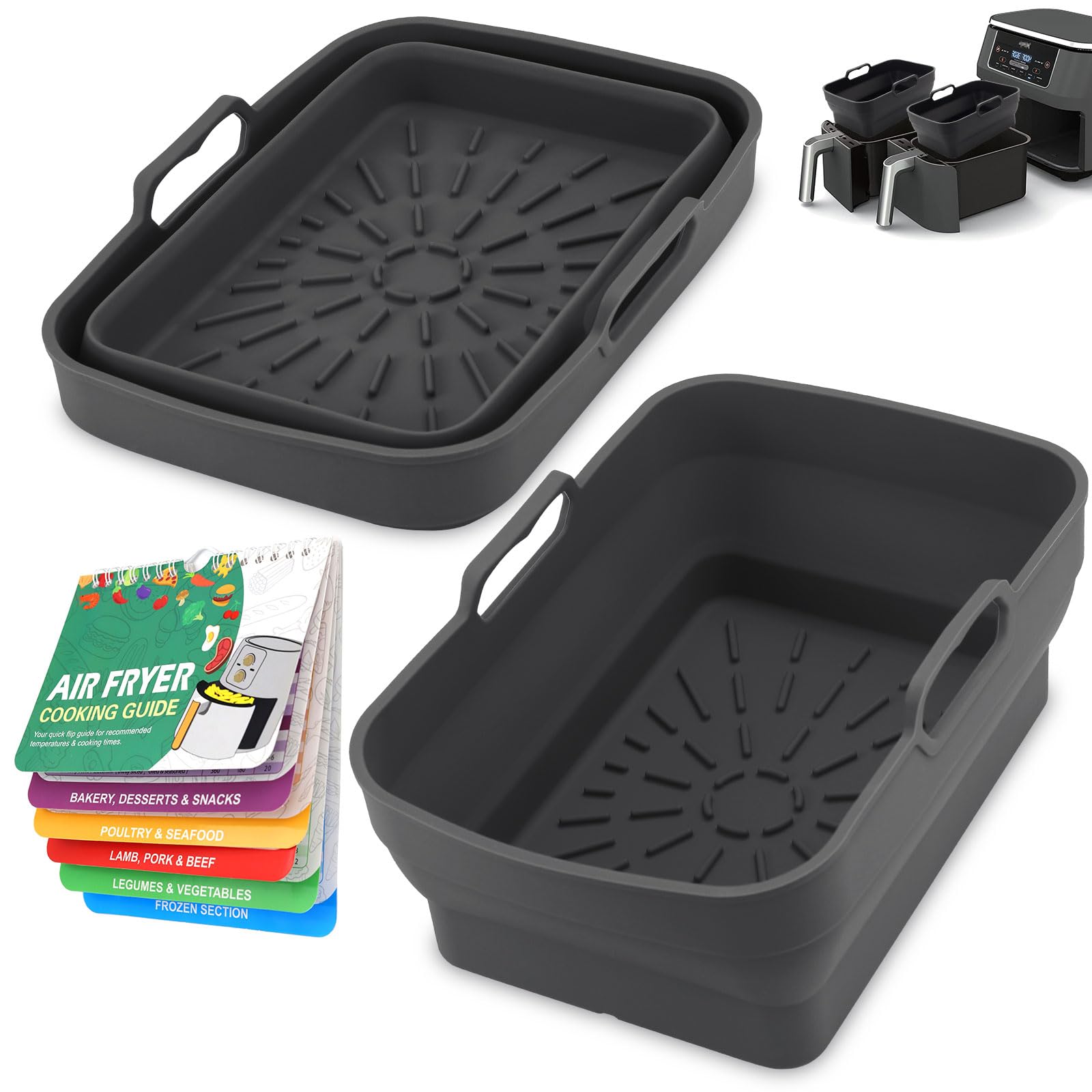 Air Fryer Silicone Liners with Magnetic Cheat Sheet, Black, 2 Pack